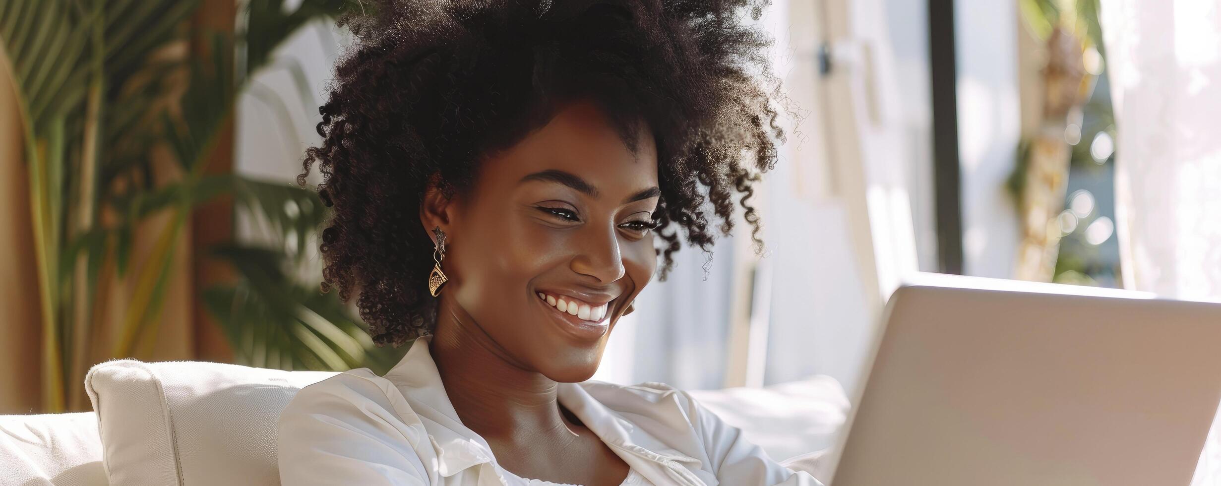 ai généré habilité connectivité, une femme engagé avec sa ordinateur portable, navigation le numérique domaine photo