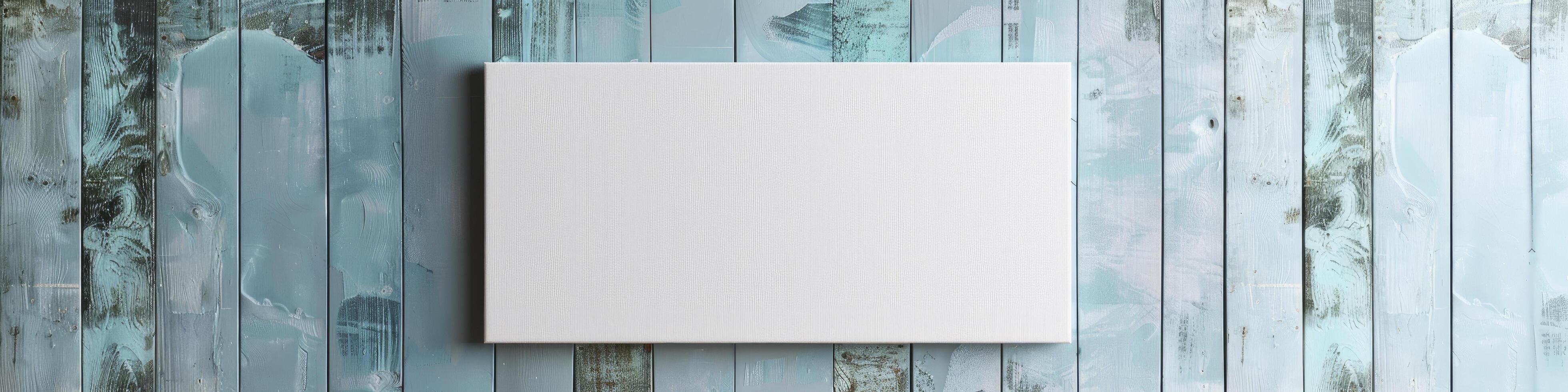 ai généré maquette mur décor blanc Toile suspendu contre une lumière bleu en bois mur photo