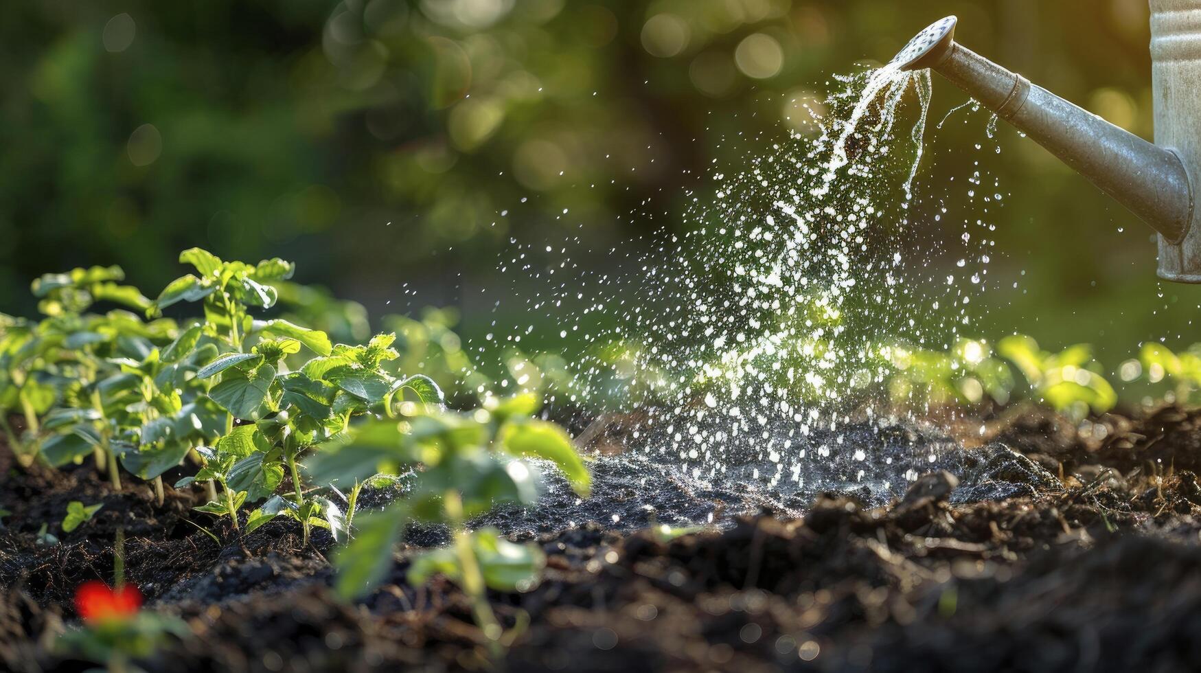 ai généré arrosage une Jeune plante avec une arrosage pouvez dans sol contre une toile de fond de luxuriant vert la nature. photo