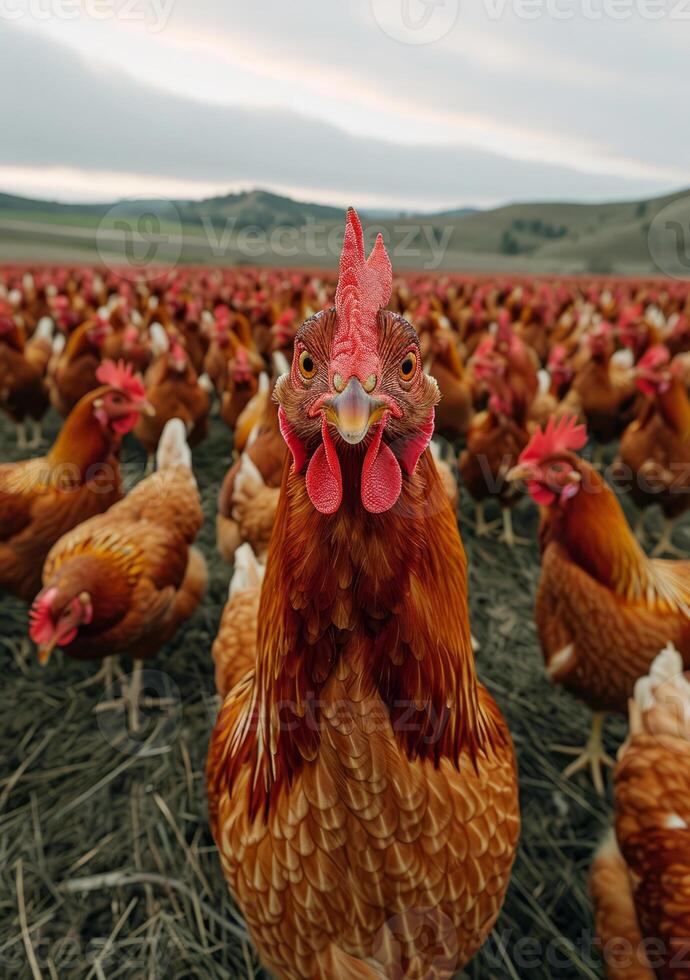 ai généré grand troupeau de rouge poulets photo