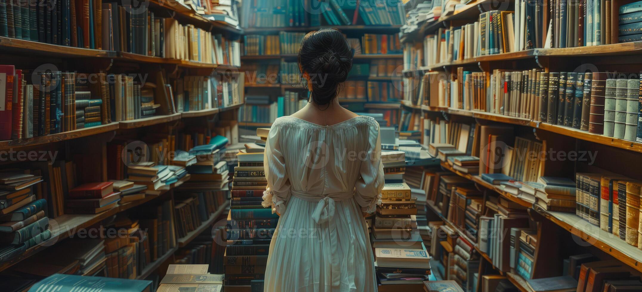 ai généré femme des stands dans bibliothèque entouré par livres. photo