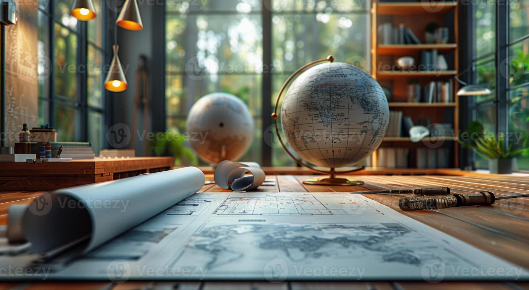 ai généré Terre globes et livres sur en bois table dans bibliothèque photo