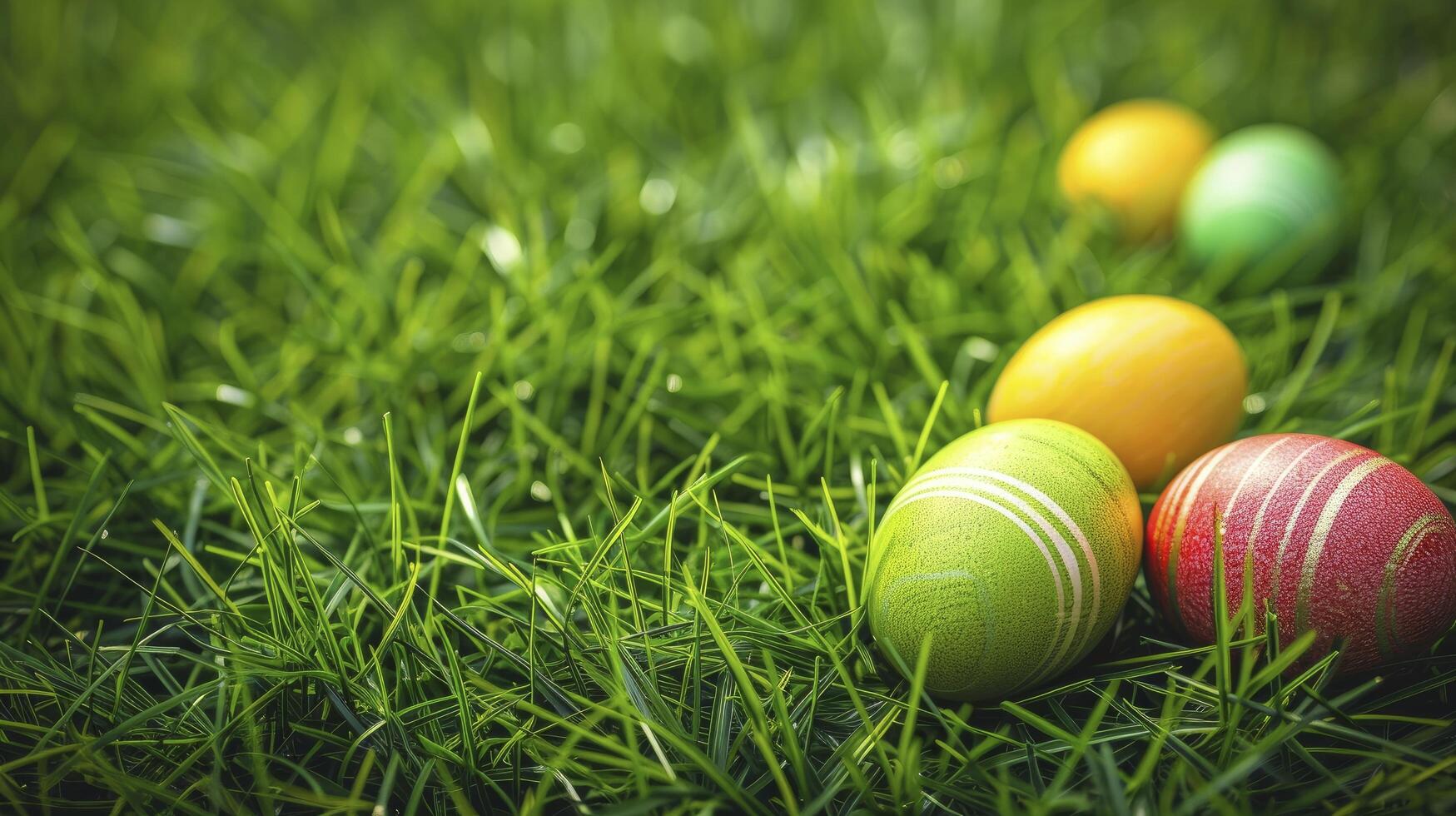 ai généré coloré Pâques des œufs sur le vert herbe photo