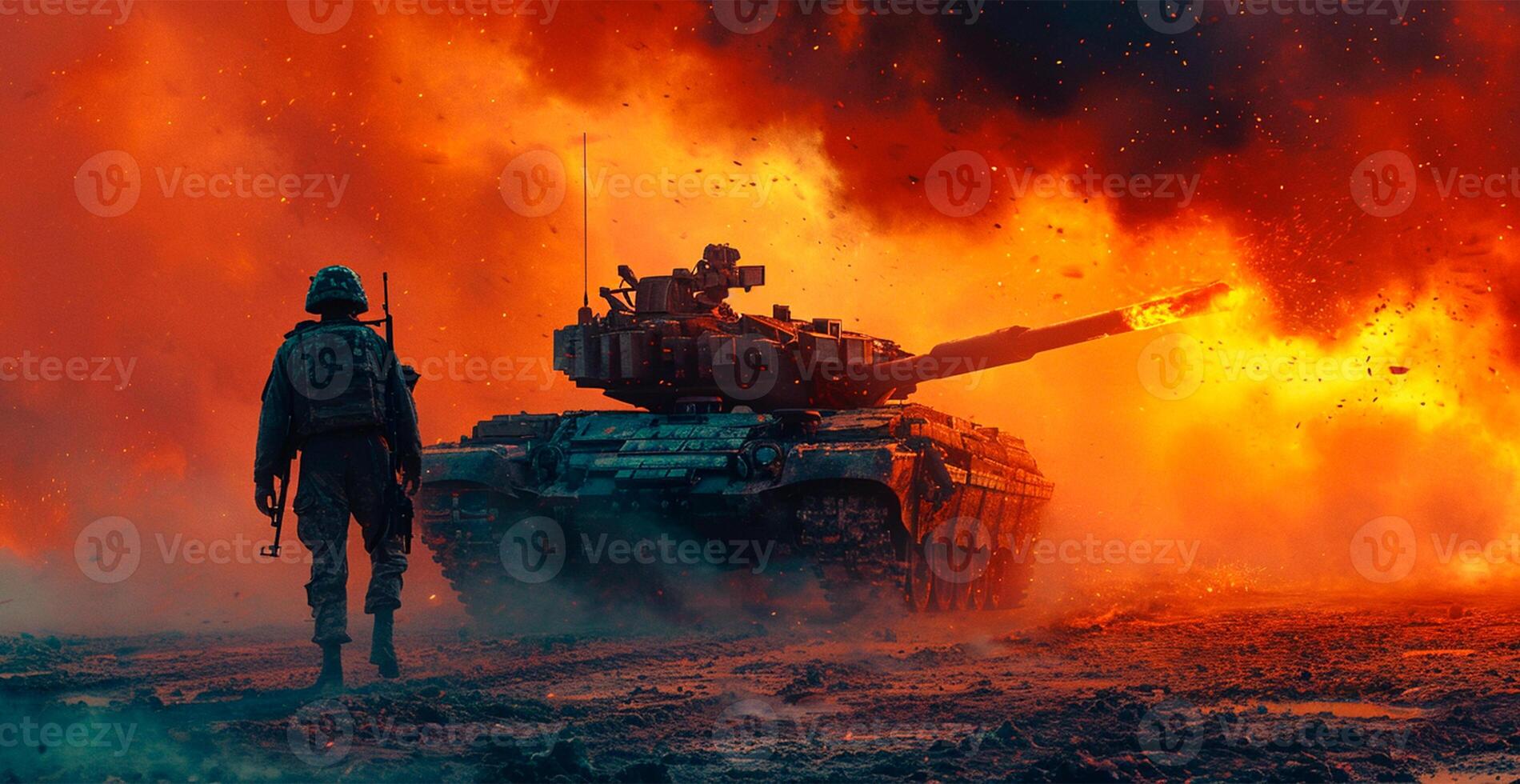 ai généré militaire blindé réservoir, soldat pétrolier sur le champ de bataille, militaire conflit - ai généré image photo