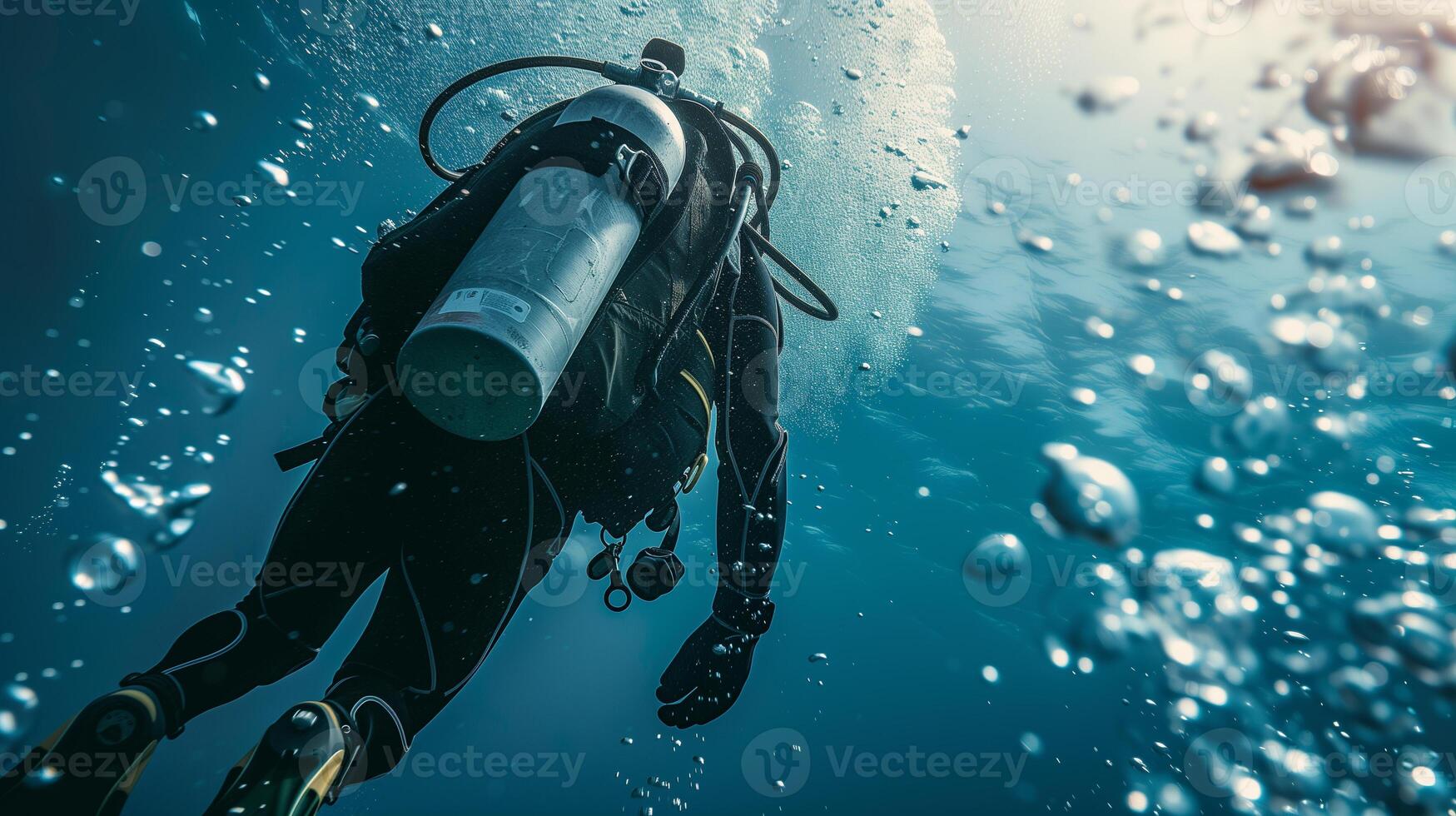 ai généré arrière vue de scaphandre autonome plongeur dans le océan photo