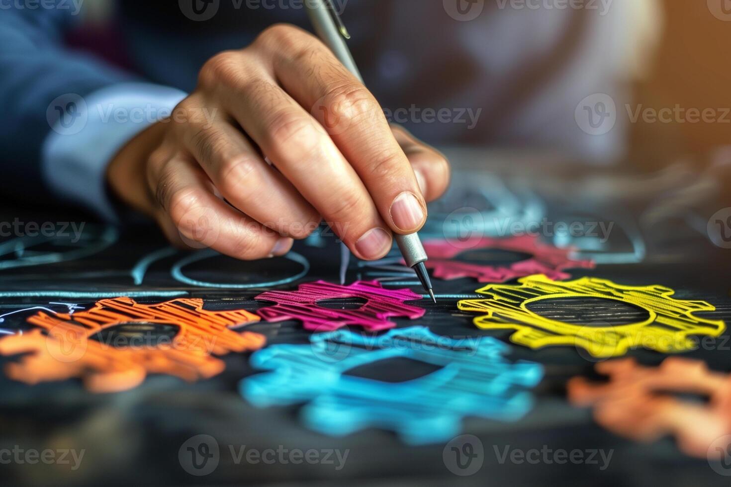 ai généré homme d'affaire avec coloré équipement roue, travail en équipe et Partenariat, système et mécanisme à Succès affaires dans début en haut bureau. photo