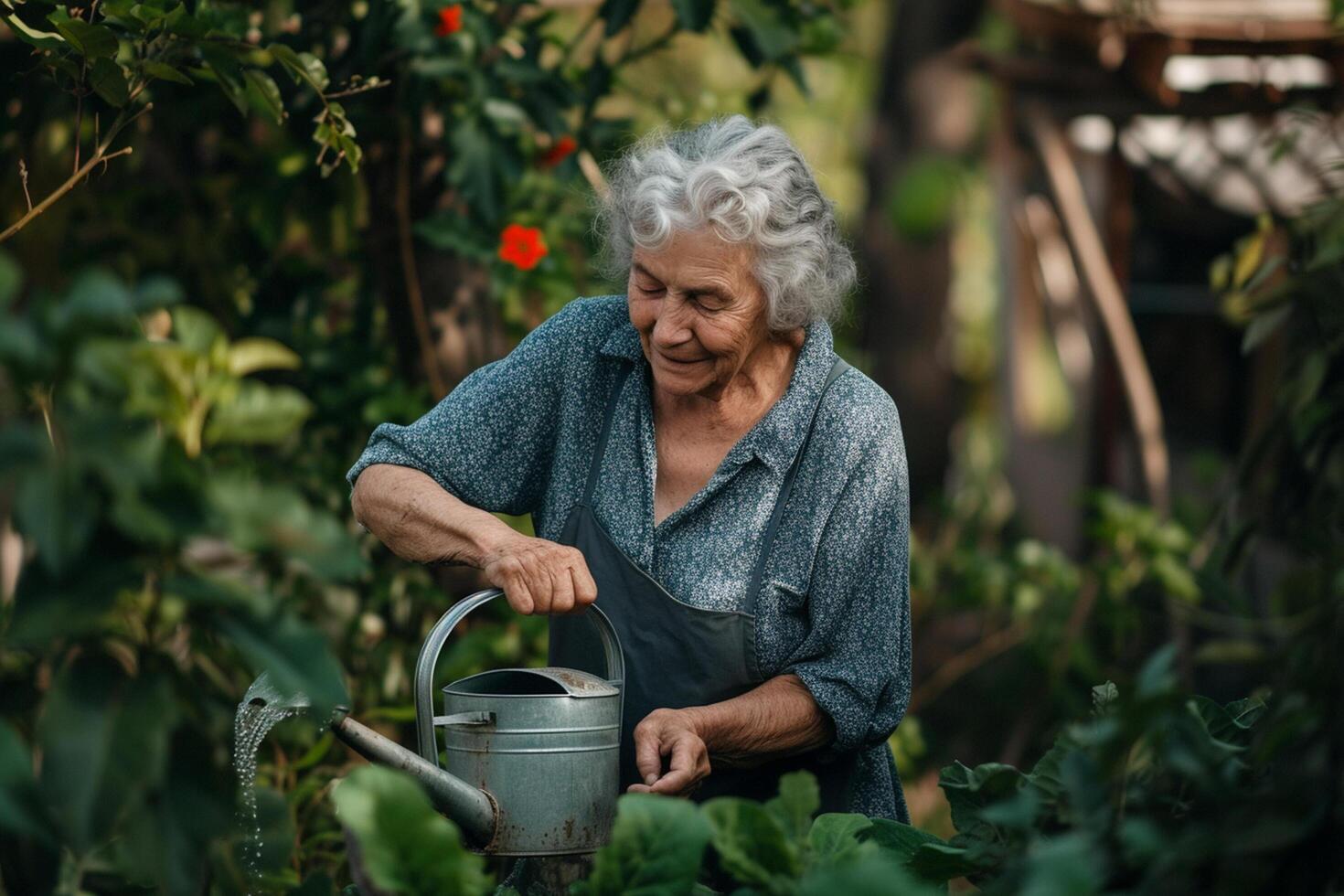 ai généré un vieux femme arrosage les plantes bokeh style Contexte avec génératif ai photo