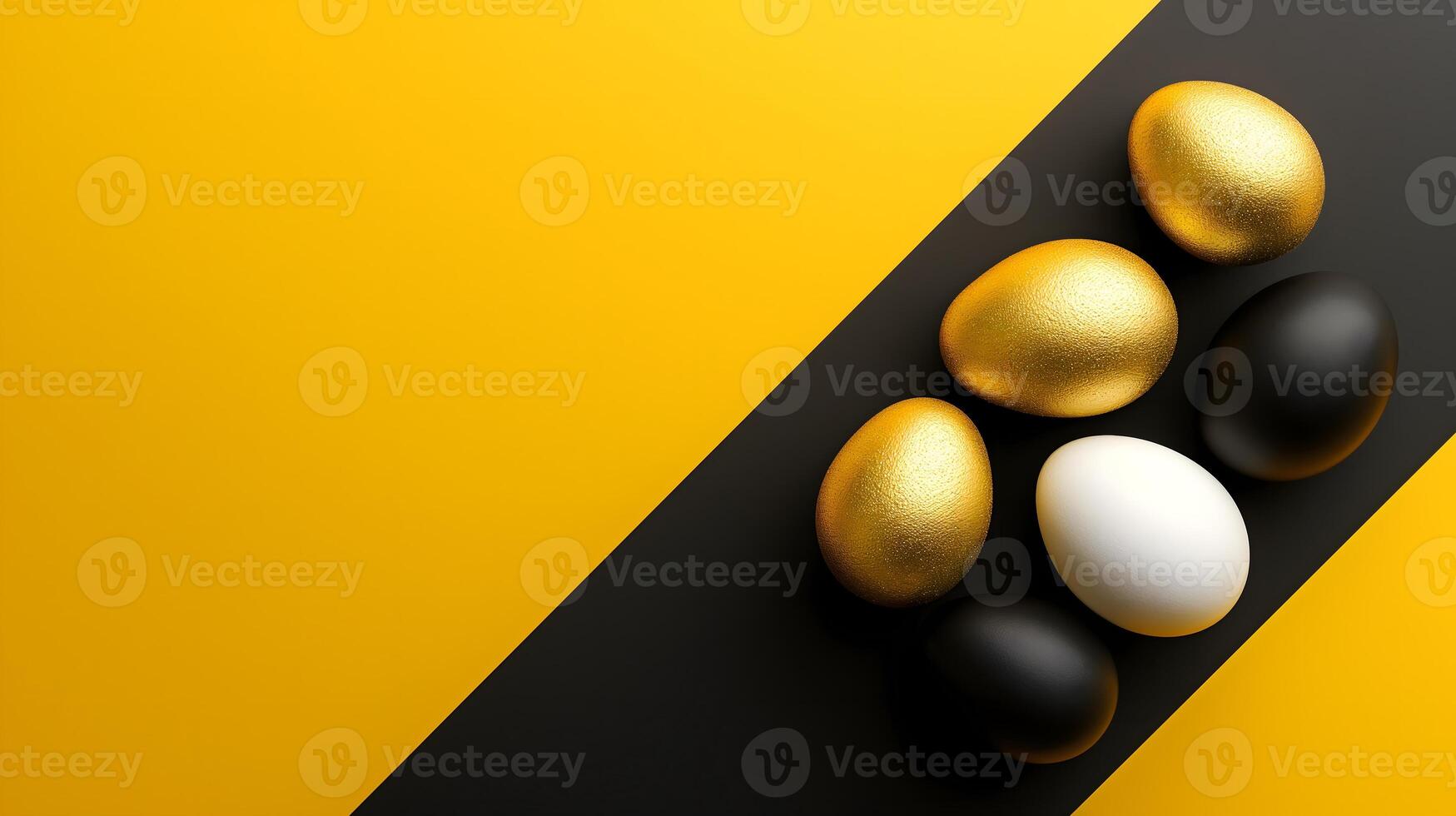 ai généré doré, noir, blanc Pâques des œufs sur une jaune-noir Contexte. géométrie. minimal concept. vue de au-dessus de. photo