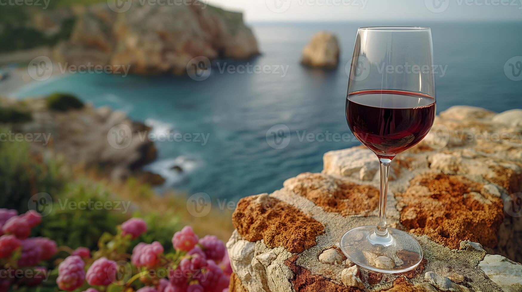 ai généré une verre de rouge du vin sur une pierre mur, mer arrière-plan, réaliste, sélectif se concentrer. photo