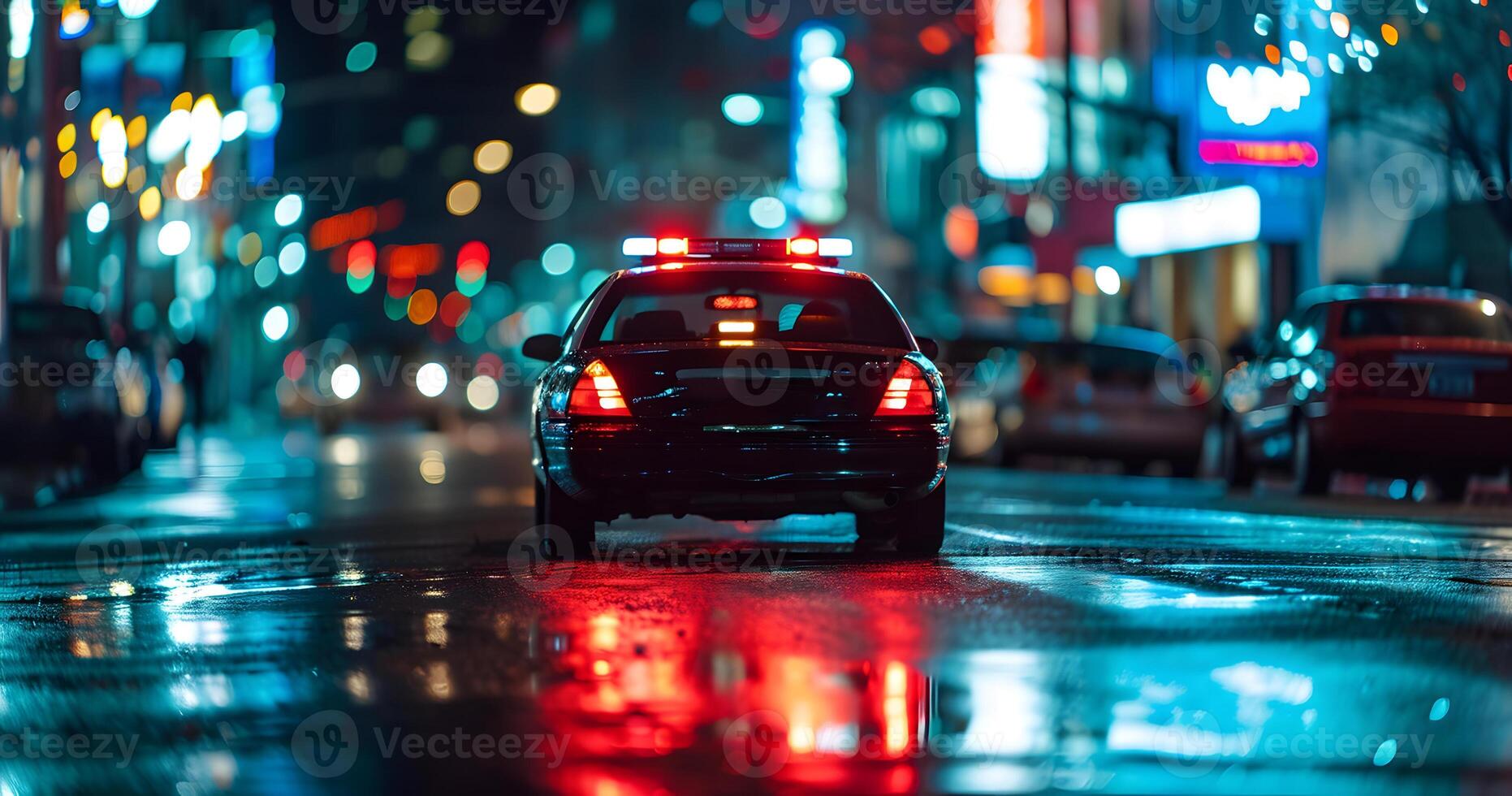 ai généré police voiture avec clignotant lumières à nuit dans ville rue photo