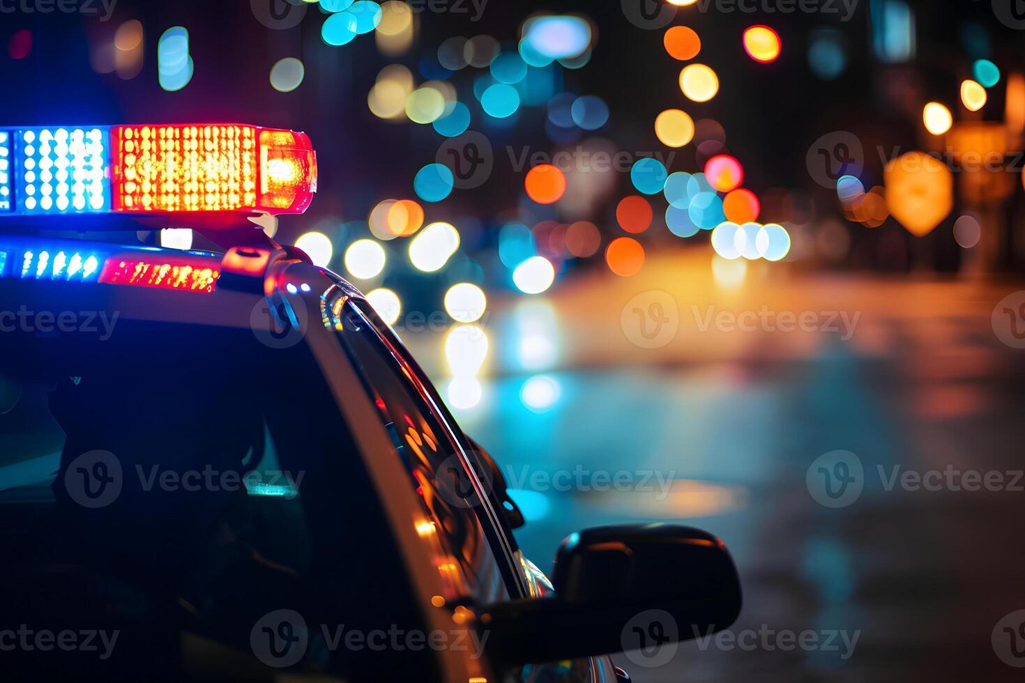 ai généré police voiture lumières à nuit dans ville rue avec sélectif concentrer et bokeh photo