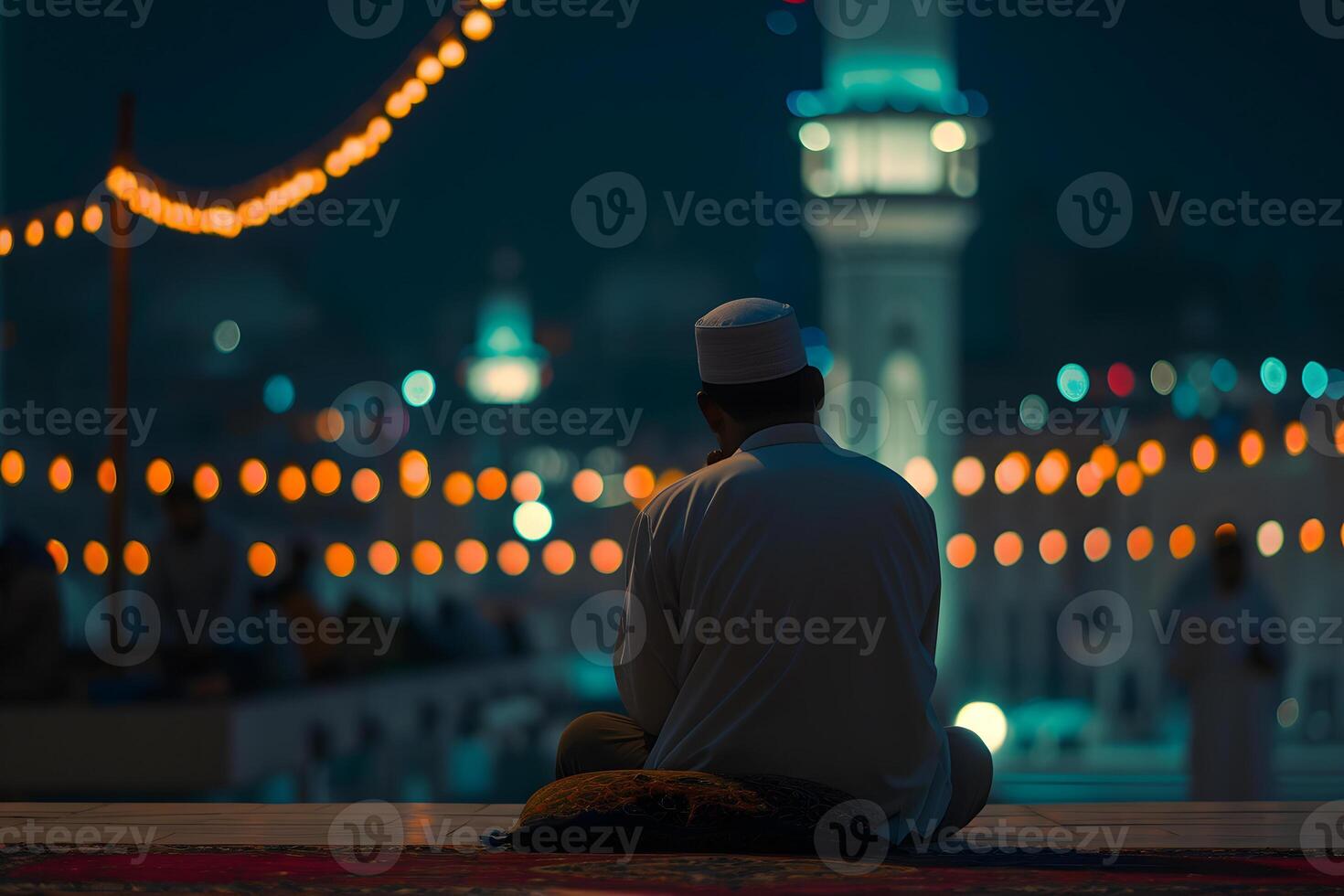 ai généré musulman prière séance dans de face de mosquée à Ramadan nuit avec sélectif se concentrer, neural réseau généré image photo