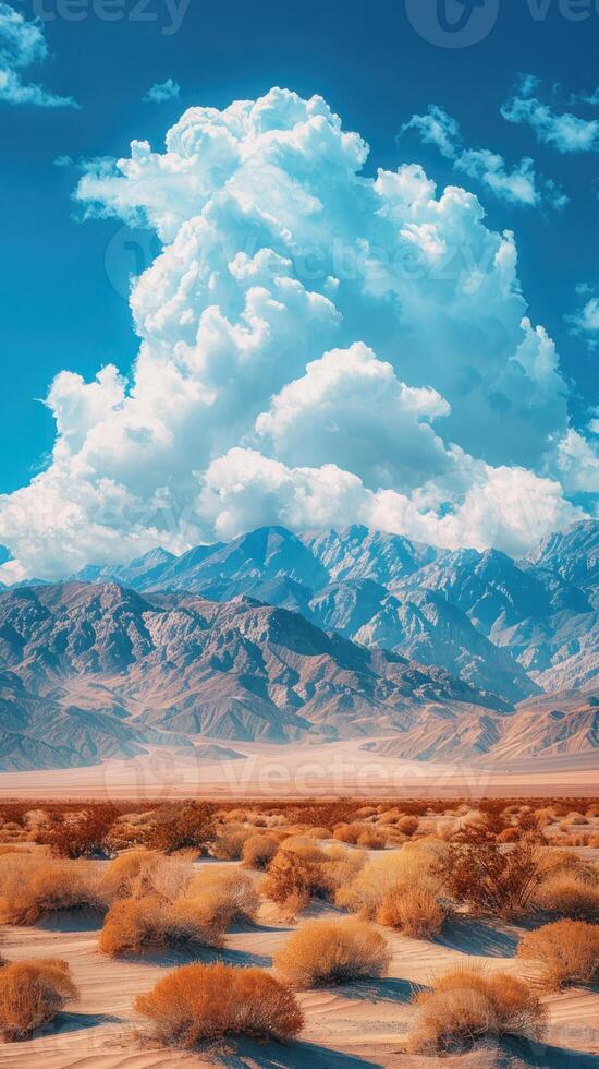 ai généré verticale illustration de désert paysage dans de face et montagnes dans Contexte avec bleu nuageux ciel photo