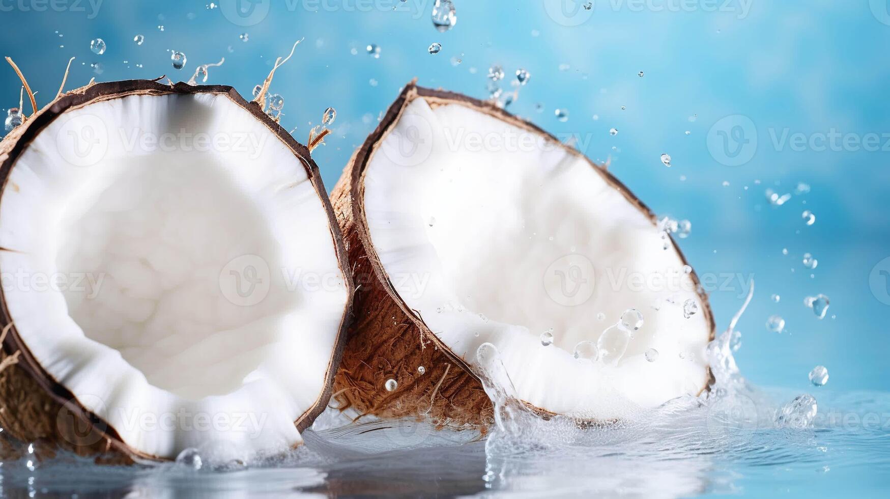 ai généré la photographie de fissuré noix de coco avec l'eau éclaboussures. foncé studio coup sur bleu Contexte ai génération photo