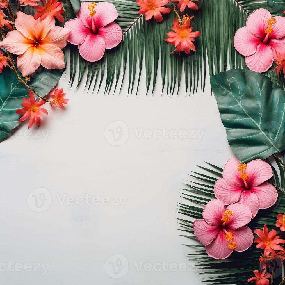 ai généré foncé tropical feuilles et rose fleurs sur le blanc Contexte. ai généré photo Haut vue modèle avec botanique frontière et copie espace