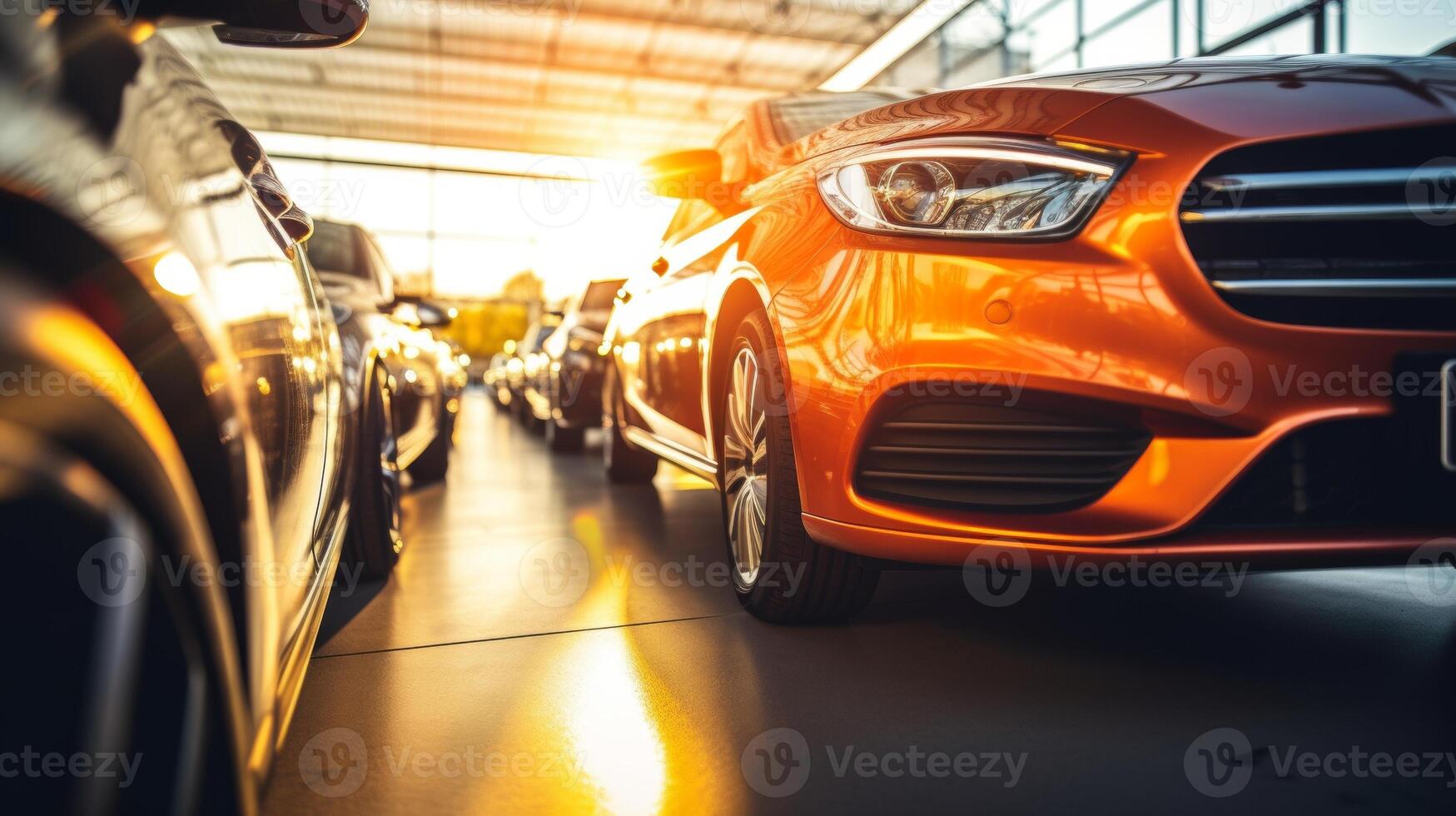 ai généré une s'aligner de coloré luxe voitures dans une spectacle chambre, mettant en valeur une important Jaune voiture dans de face avec une concentrer sur le phare et grille photo