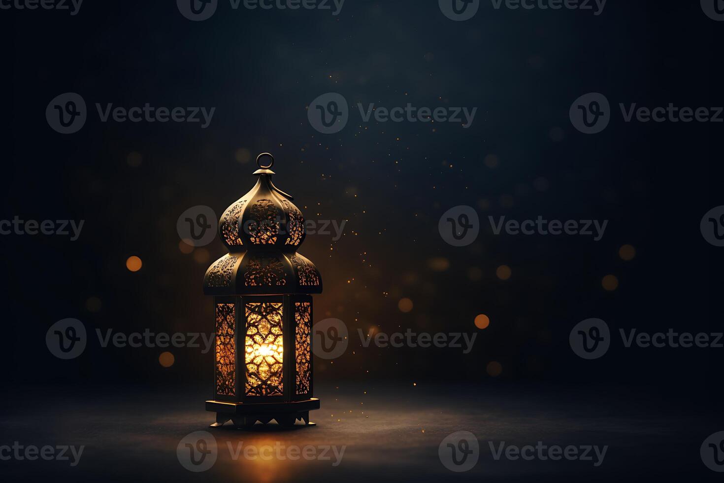 ai généré Ramadan kareem salutation carte. arabe lanterne sur foncé Contexte. photo