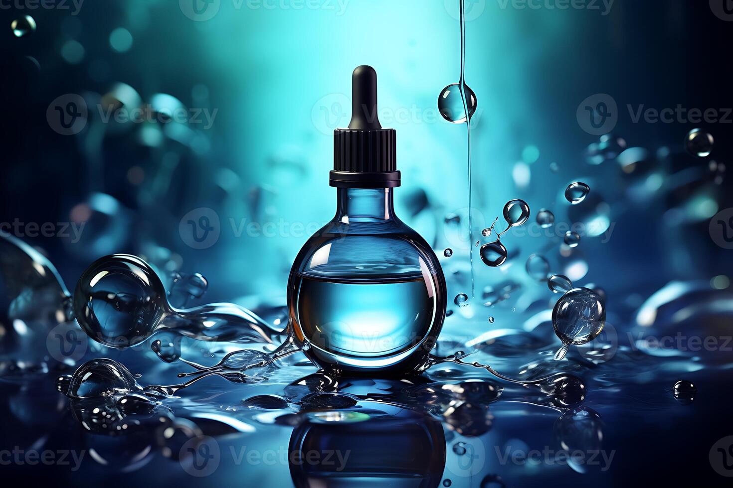 ai généré cosmétique bouteille avec compte-gouttes sur l'eau Contexte. 3d illustration photo