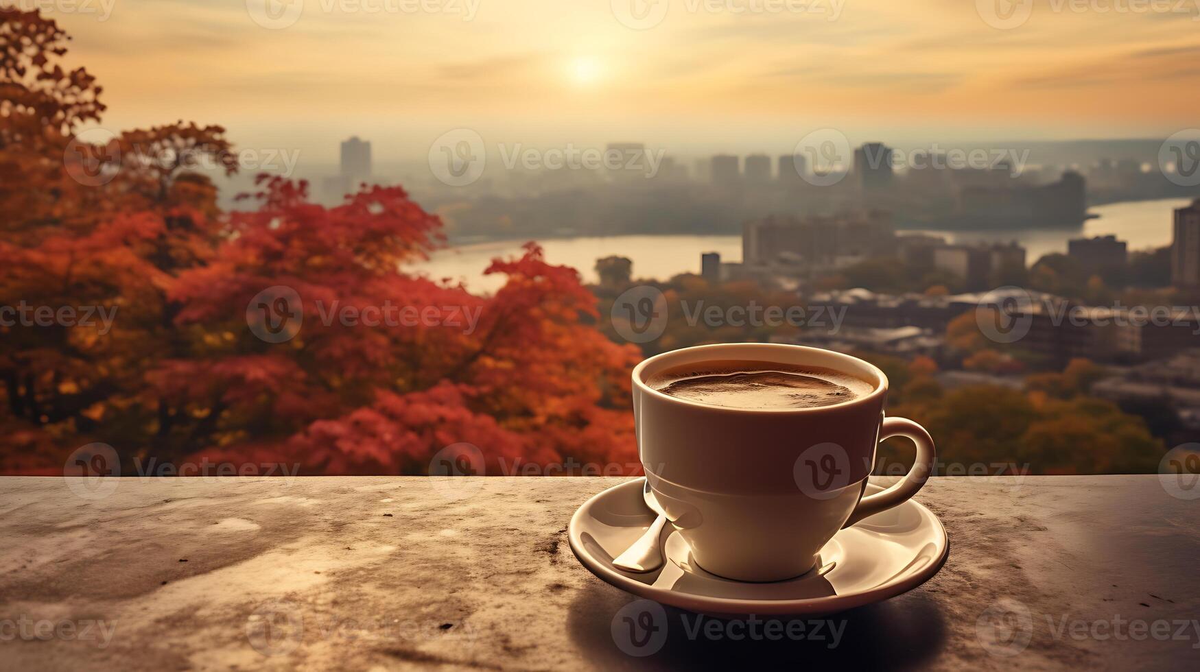 ai généré tasse de café sur en bois table avec vue de ville Contexte photo