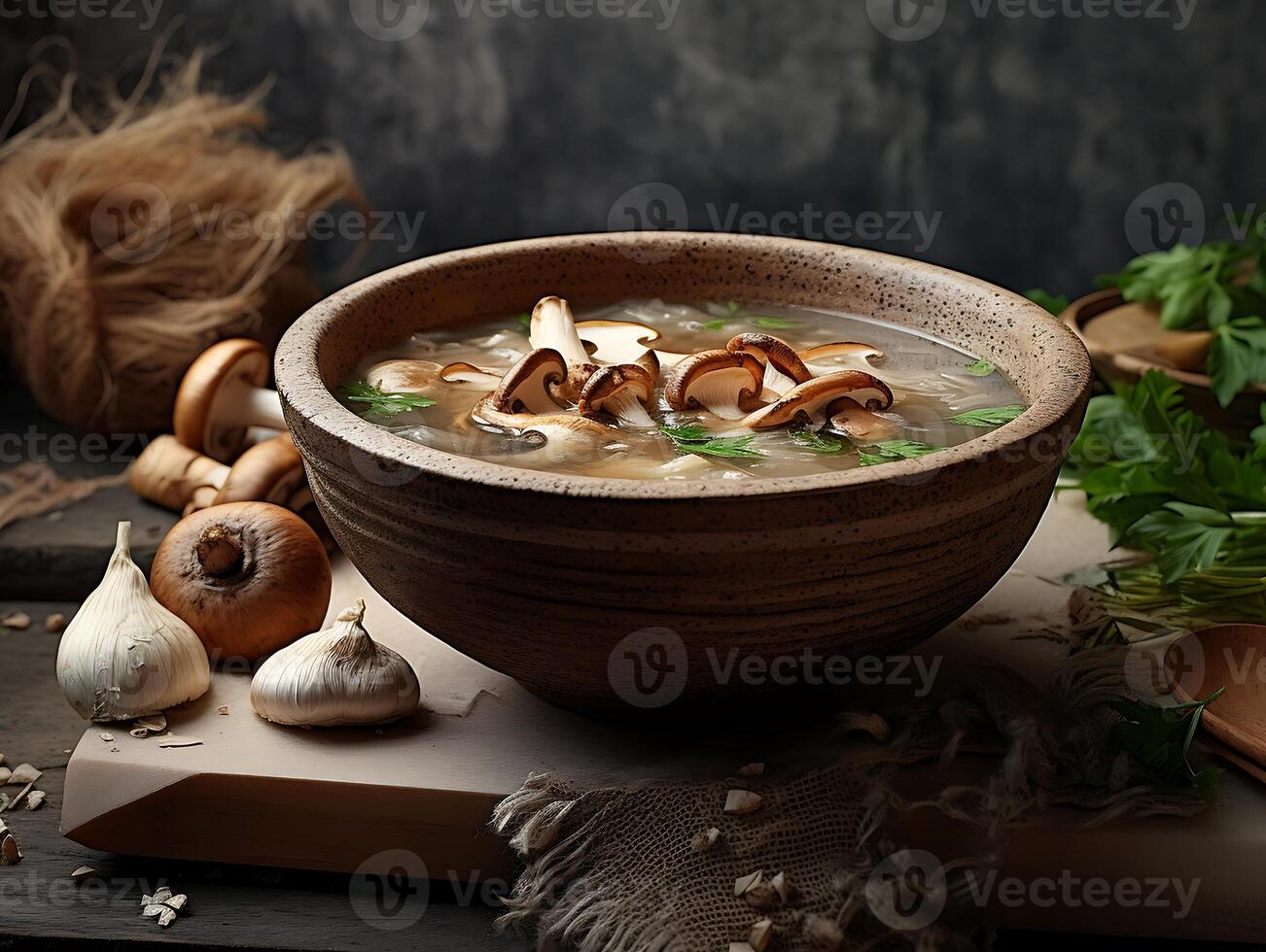 ai généré champignon soupe dans argile pot sur en bois tableau, fermer photo