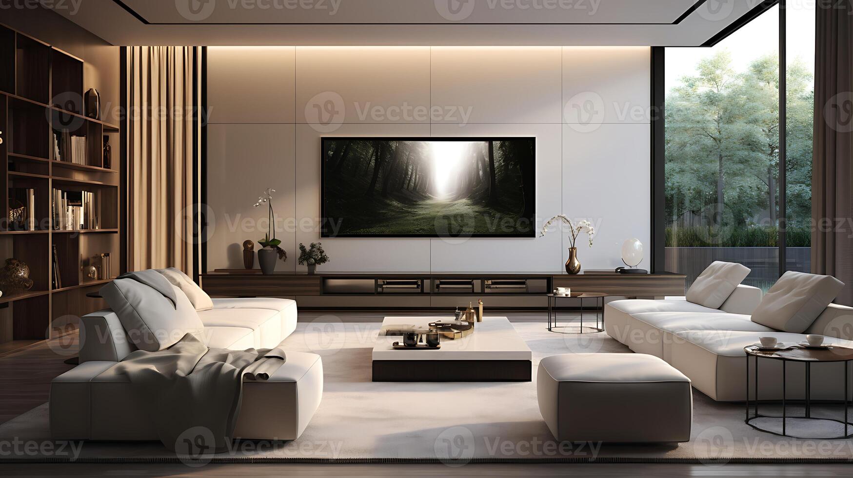 ai généré 3d le rendu luxe et moderne vivant pièce avec la télé ensemble sur mur photo