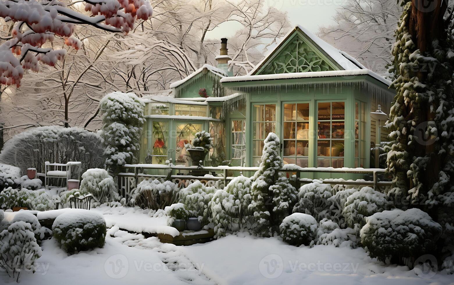 ai généré neige couvert fleur des pots dans une serre sur une neigeux hiver journée. photo