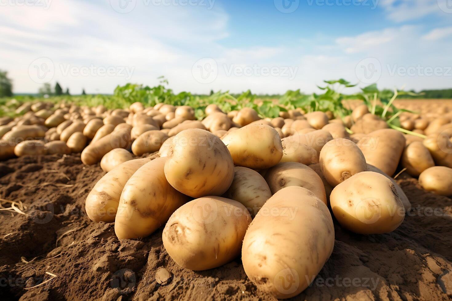 ai généré récolté patates sur une champ dans le lumière de le réglage Soleil photo
