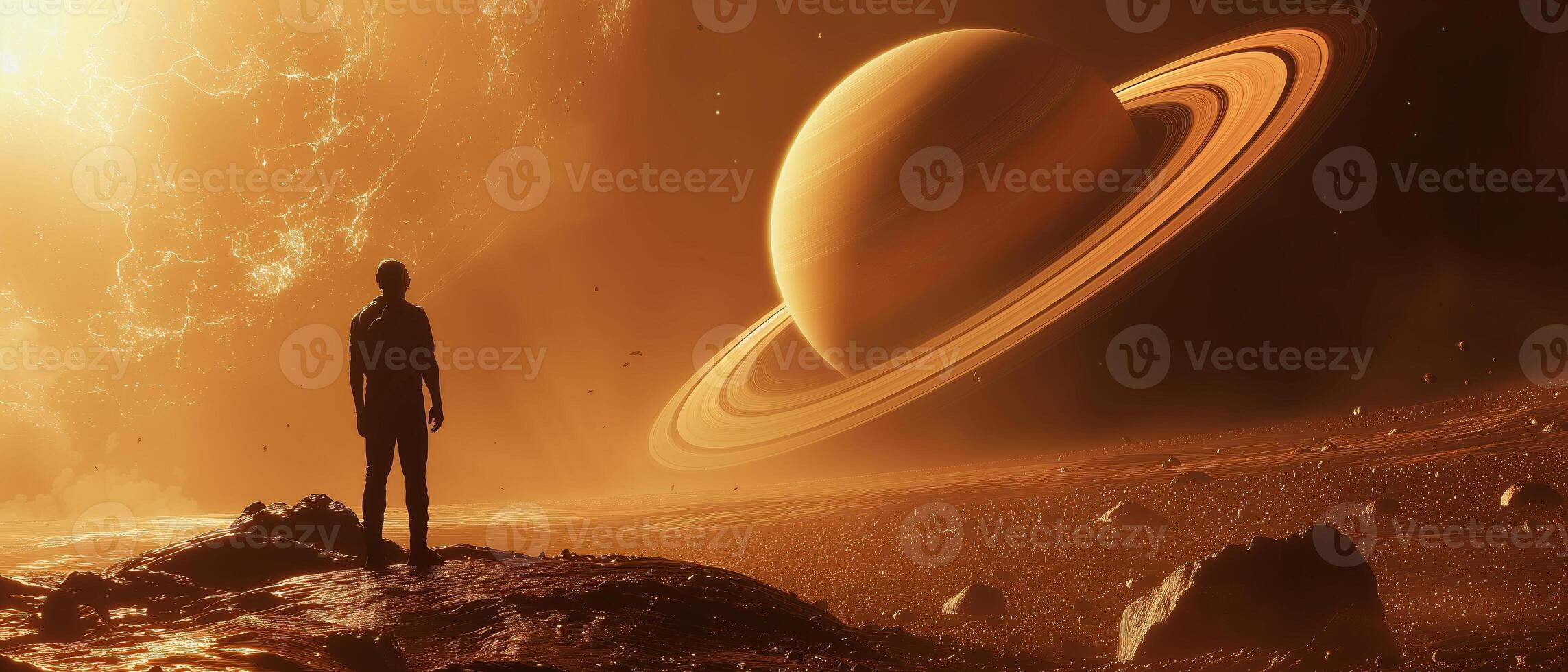 ai généré une Humain silhouette dans le premier plan permanent avec une gigantesque Saturne et ses iconique anneaux dans le arrière-plan, science-fiction film concept photo