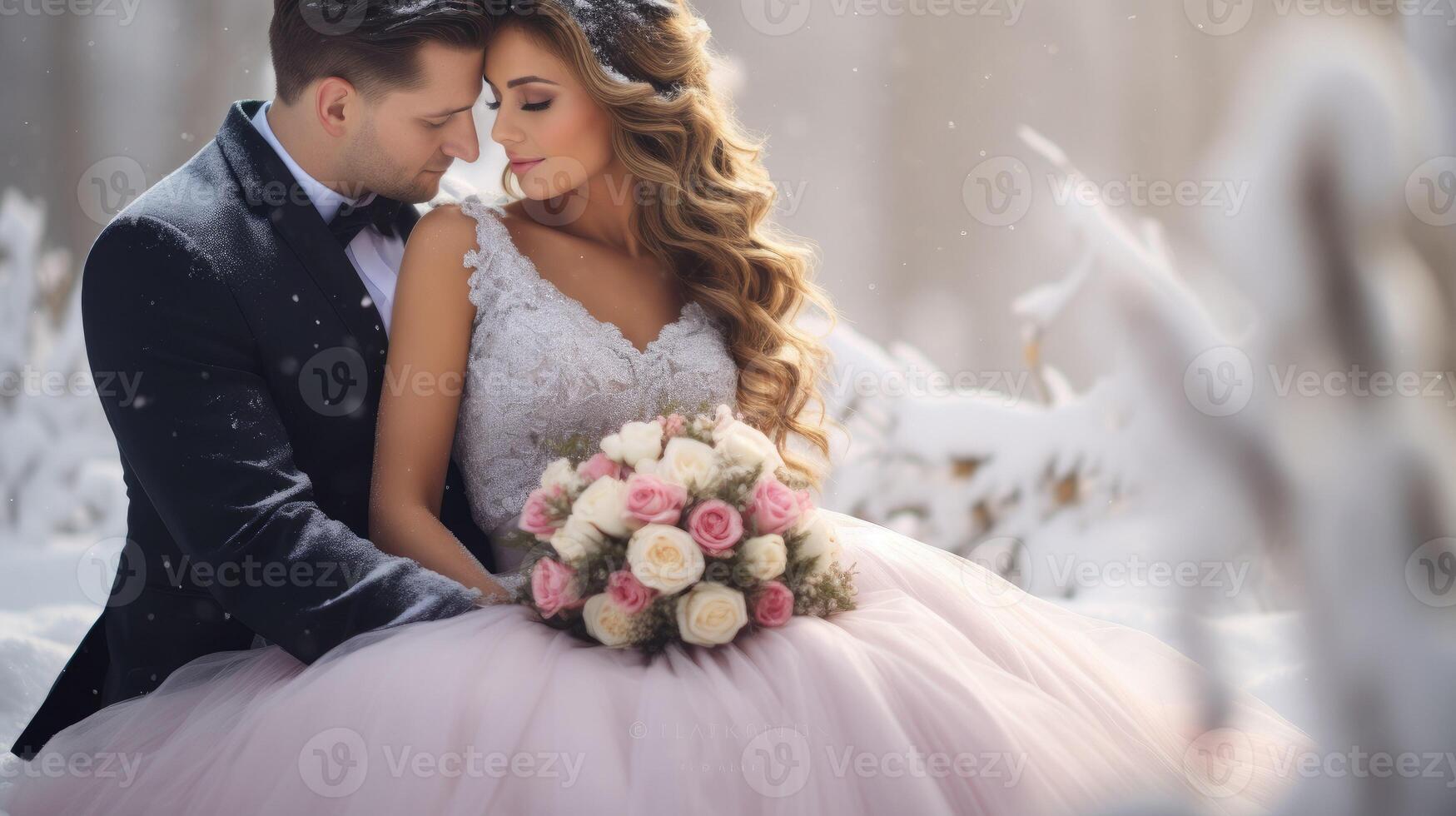 ai généré jeune marié baisers le sien la mariée est assis sur neige avec une bouquet sur le en bois arrière-plan, photo