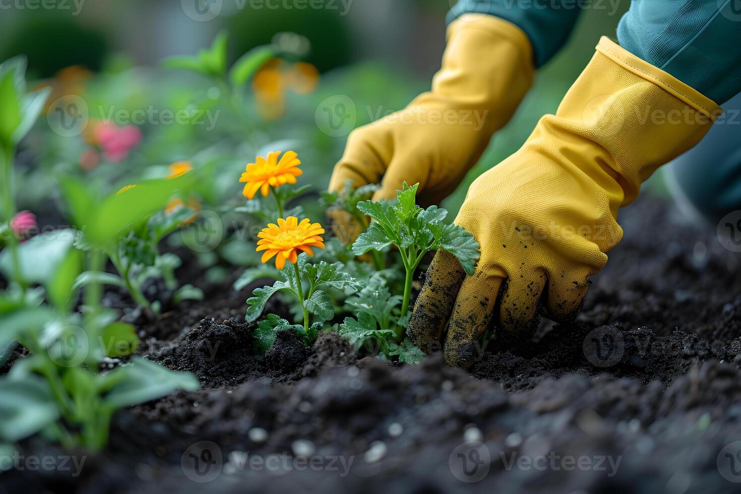 ai généré fermer de jardiniers femelle mains portant Jaune caoutchouc gants, plantation Jeune Jaune fleurs semis à jardin lit. jardinage Contexte concept. photo