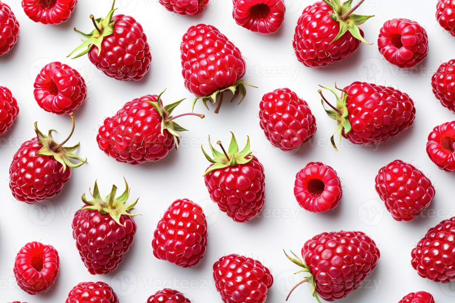 ai généré modèle Frais framboises épars sur une blanc Contexte dans Naturel lumière du jour mûr rouge framboises est propager en dehors sur une blanc surface, mise en évidence leur fraîcheur et vibrant couleur. photo