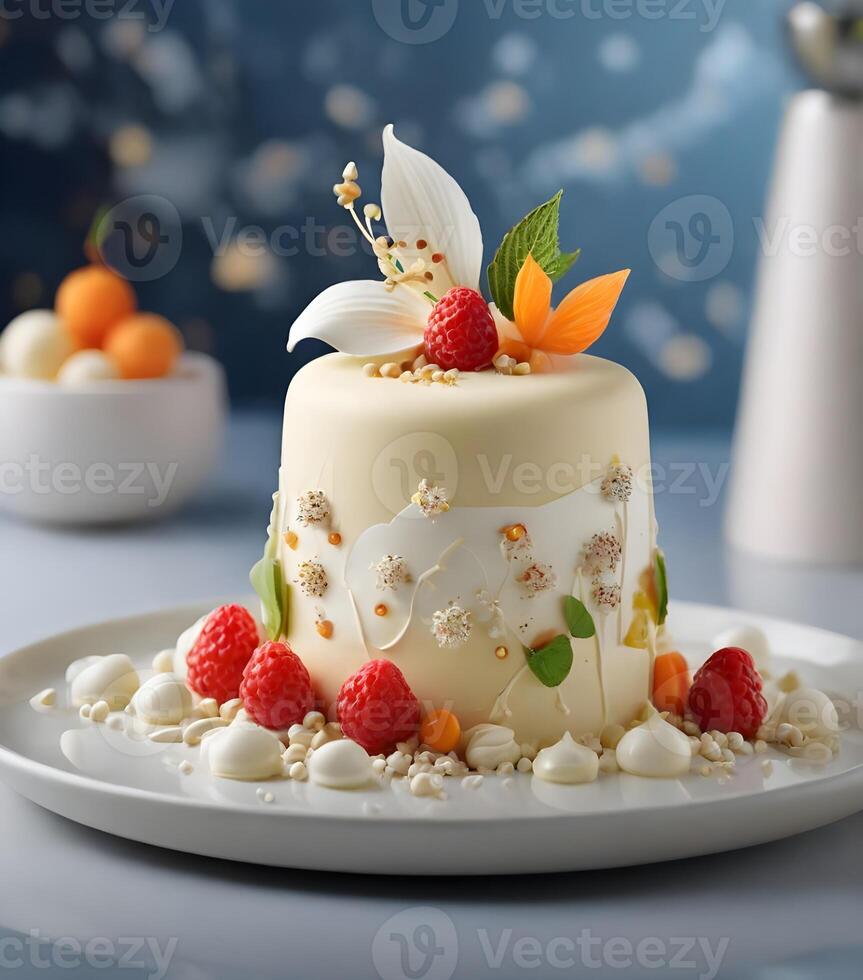 ai généré une magnifique vanille crème gâteau ouvré dans moléculaire cuisine style photo