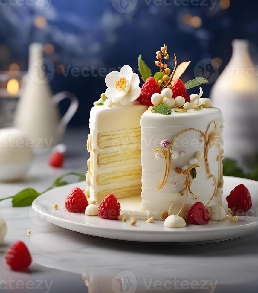 ai généré une magnifique vanille crème gâteau ouvré dans moléculaire cuisine style photo