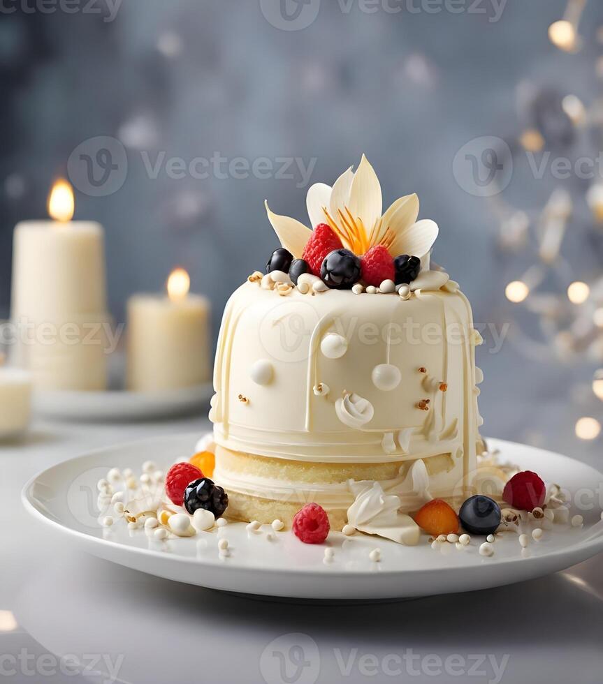 ai généré une magnifique vanille crème gâteau ouvré dans moléculaire cuisine style photo