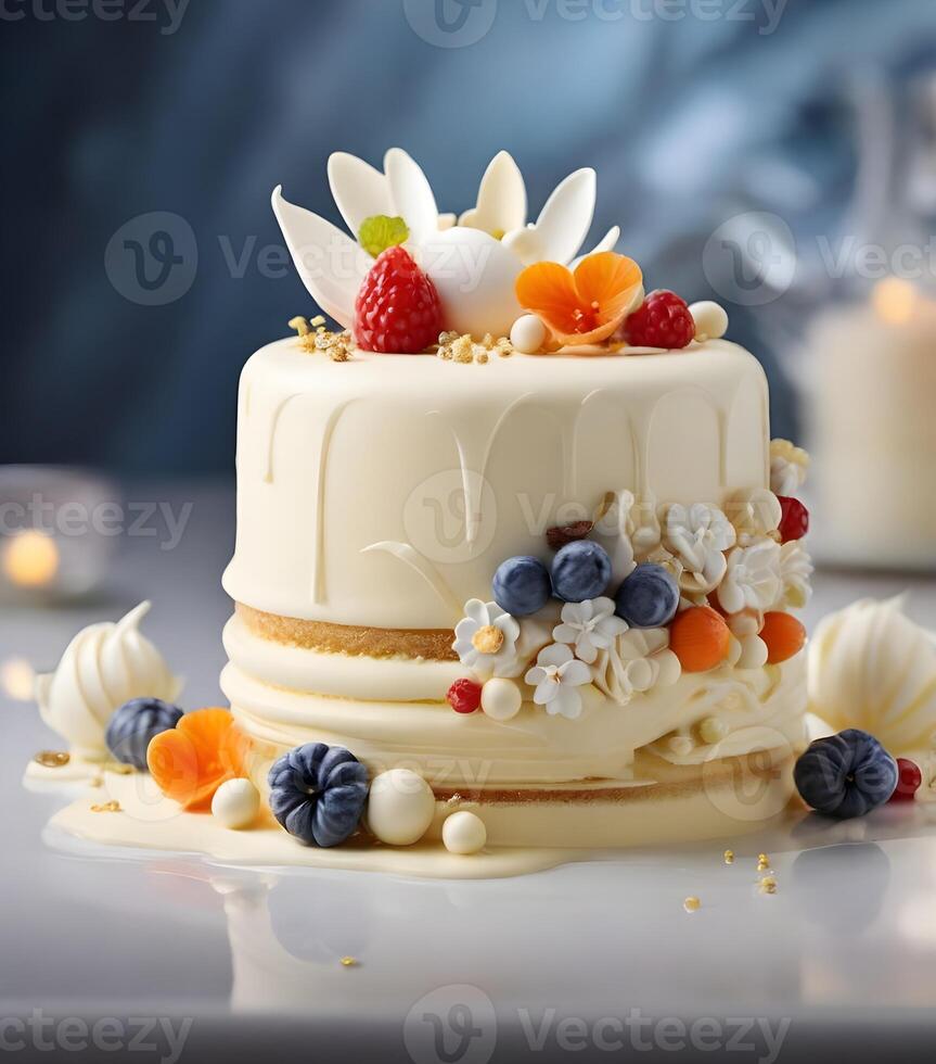 ai généré une magnifique vanille crème gâteau ouvré dans moléculaire cuisine style photo