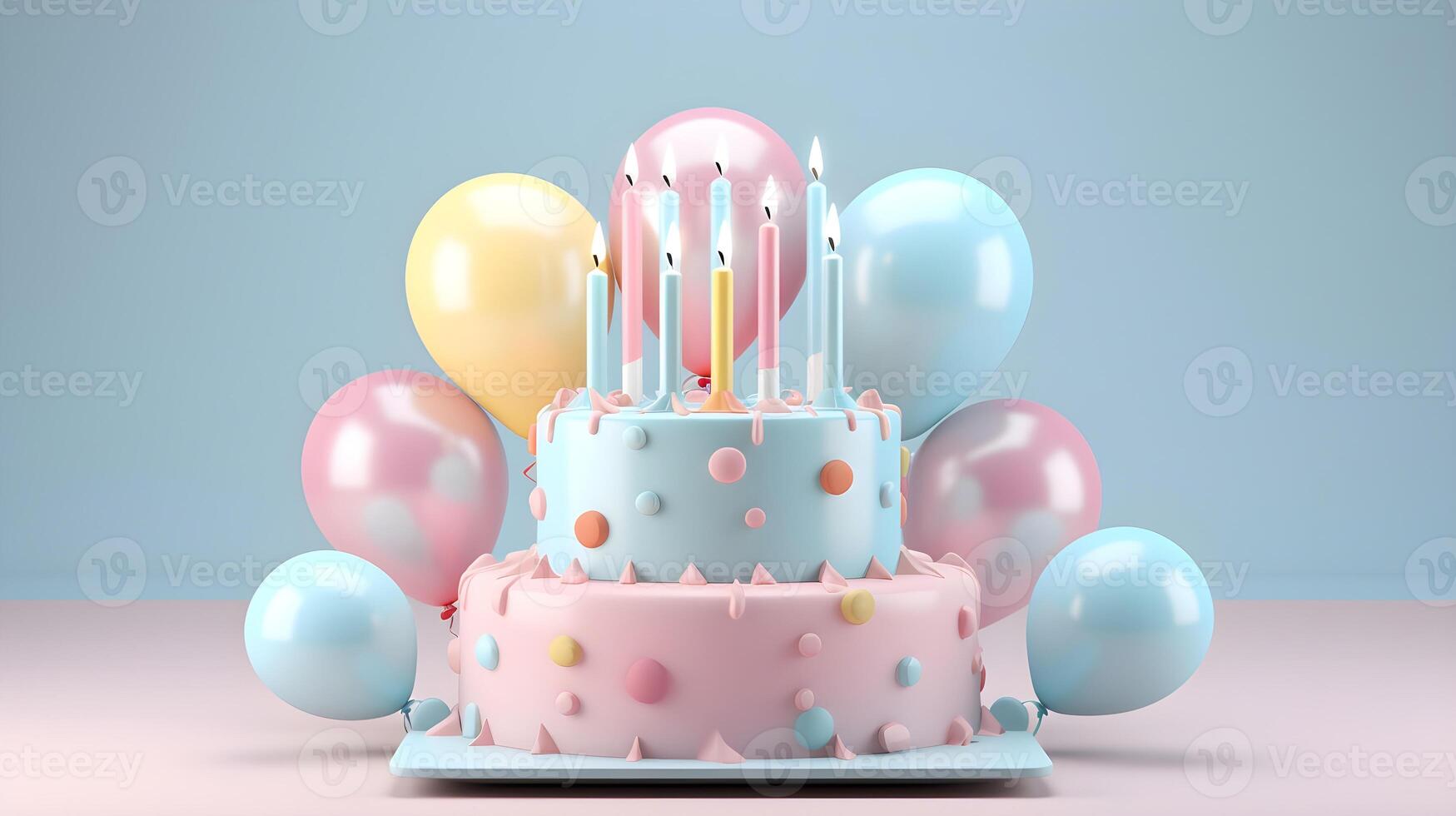 ai généré anniversaire gâteau dans moderne minimaliste style avec bougies et des ballons sur une pâle Contexte. photo