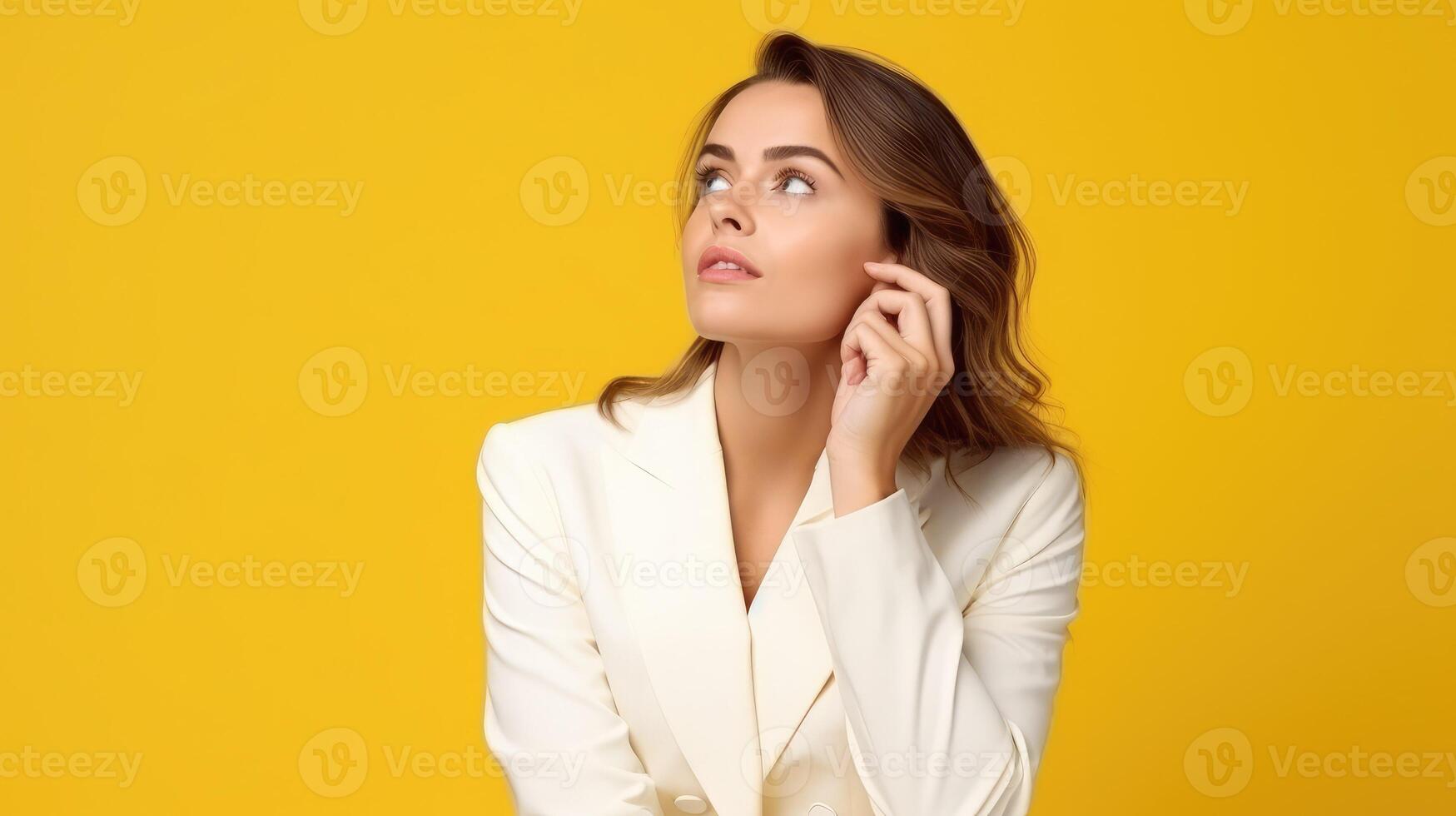 ai généré réussi pensif fille étudiant dans blanc costume et blazer pense et rêves sur Jaune isolé arrière-plan, photo