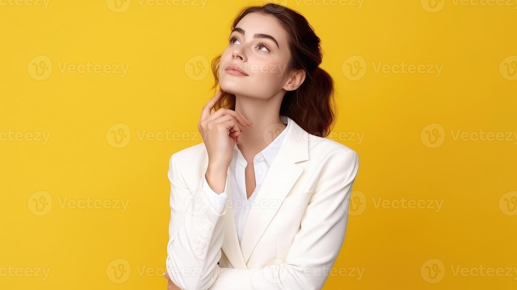 ai généré réussi pensif fille étudiant dans blanc costume et blazer pense et rêves sur Jaune isolé arrière-plan, photo