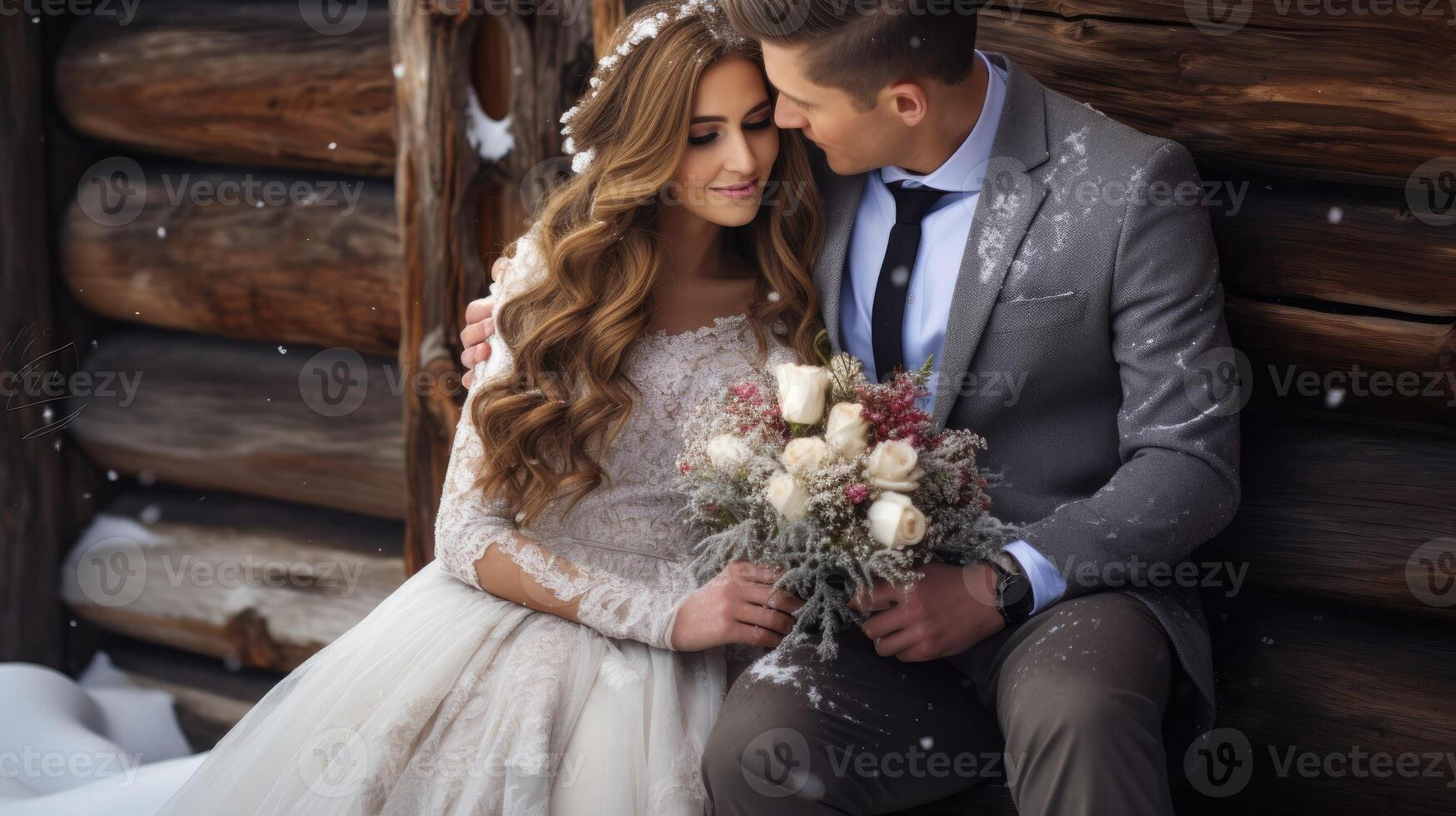 ai généré jeune marié baisers le sien la mariée est assis sur neige avec une bouquet sur le en bois arrière-plan, photo