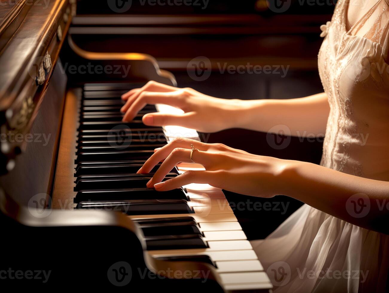 ai généré fermer femme pianiste main en jouant le piano classique la musique instrument dans le concert photo