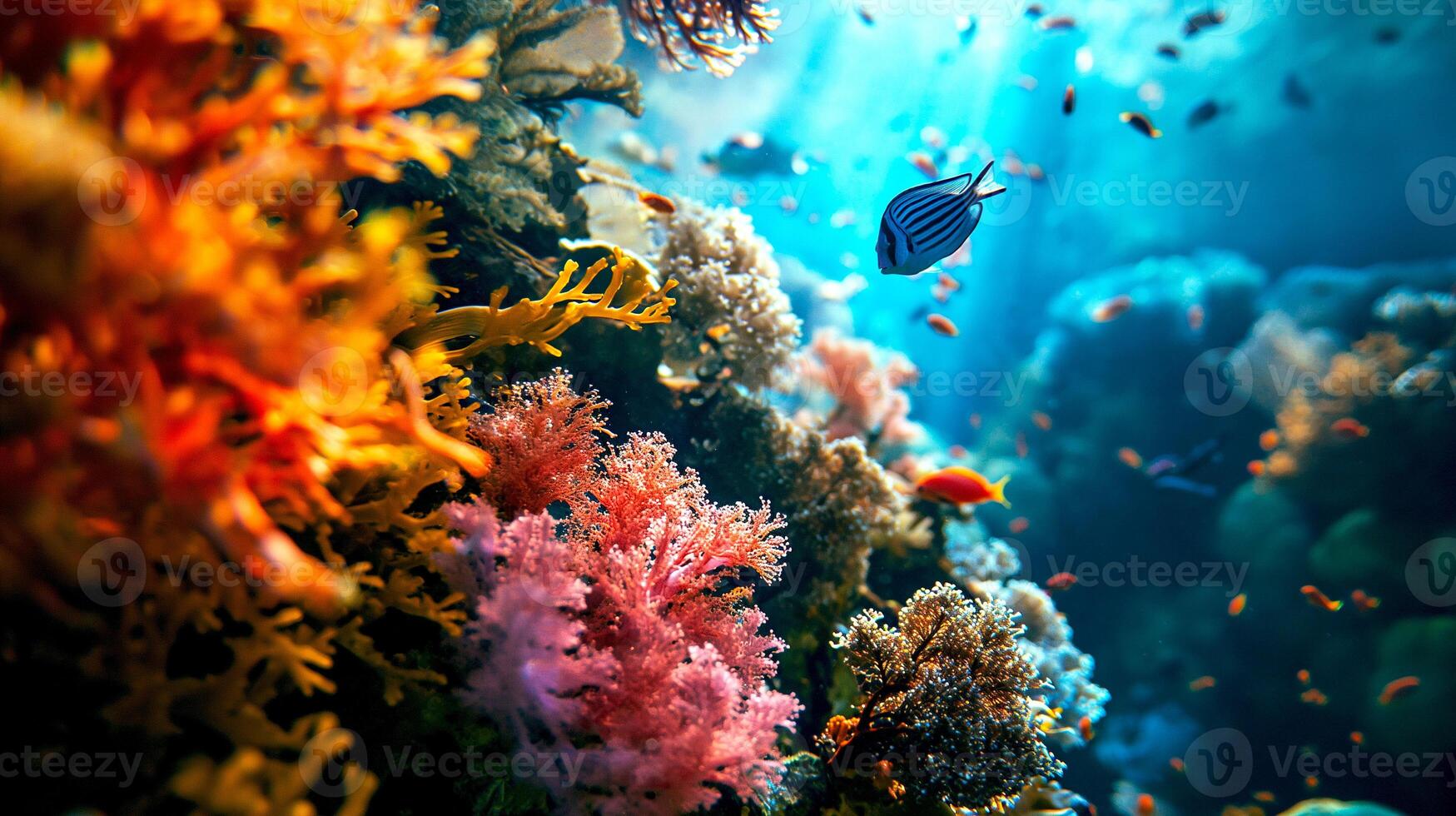 ai généré tropical mer sous-marin des poissons avec coloré corail récif. aquarium océanarium faune coloré Marin panorama paysage la nature tuba plongée photo