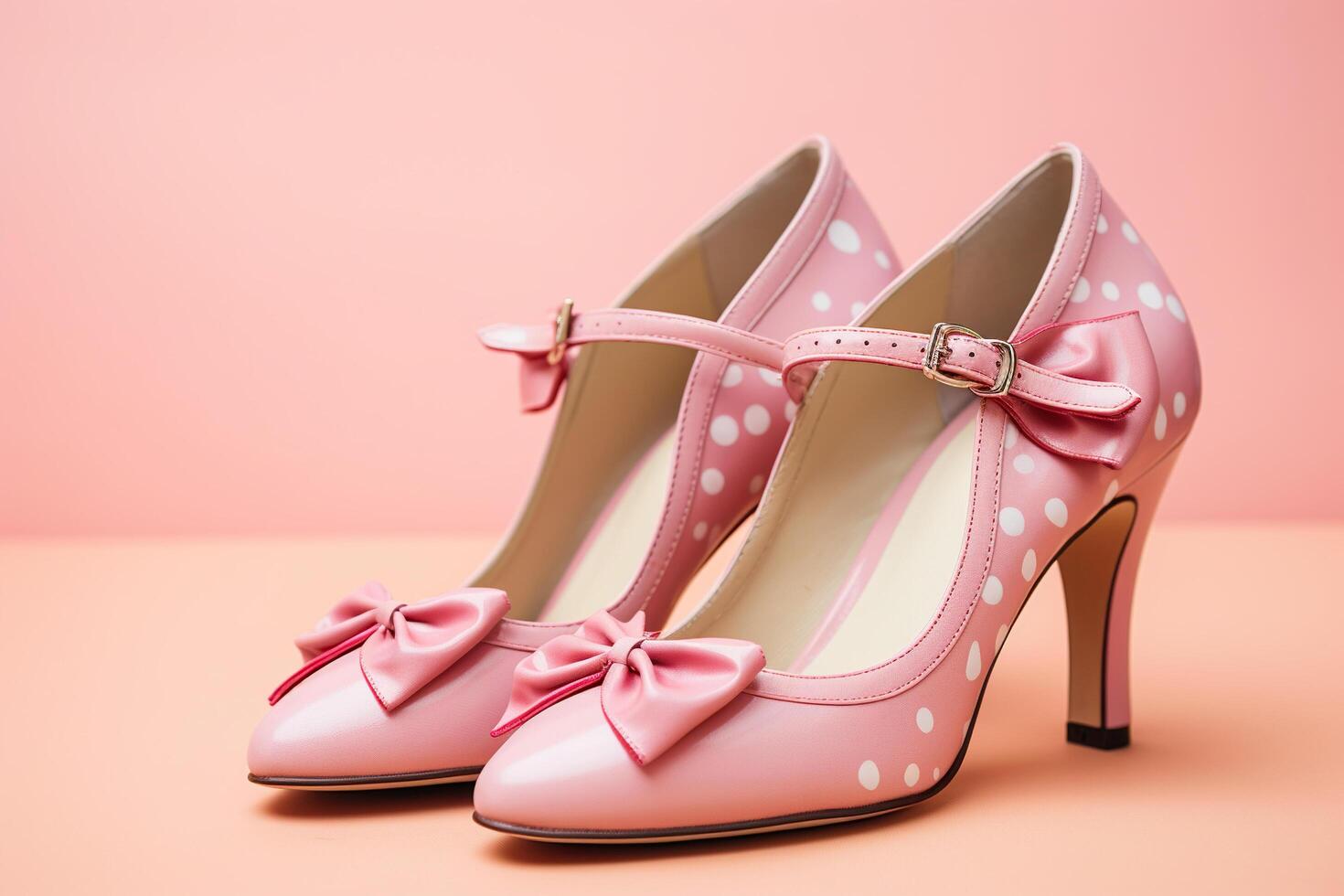 ai généré rose ancien aux femmes des chaussures avec blanc polka points. généré par artificiel intelligence photo