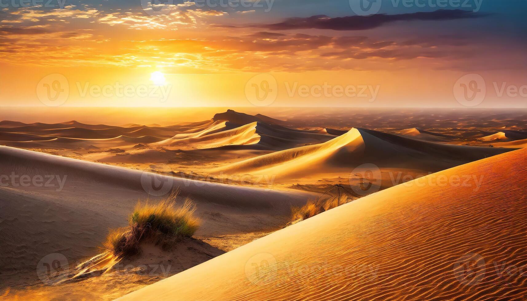 ai généré magnifique vue de une sablonneux désert dunes avec aines à brillant le coucher du soleil photo