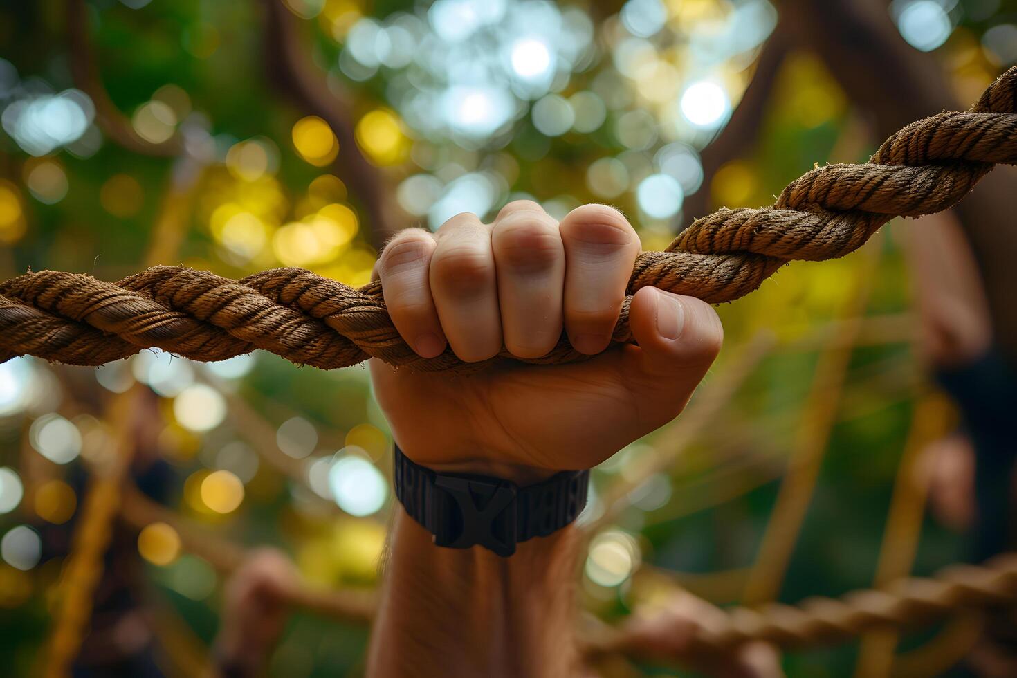 ai généré mains saisissant corde dans proche en haut, sortant formation photo