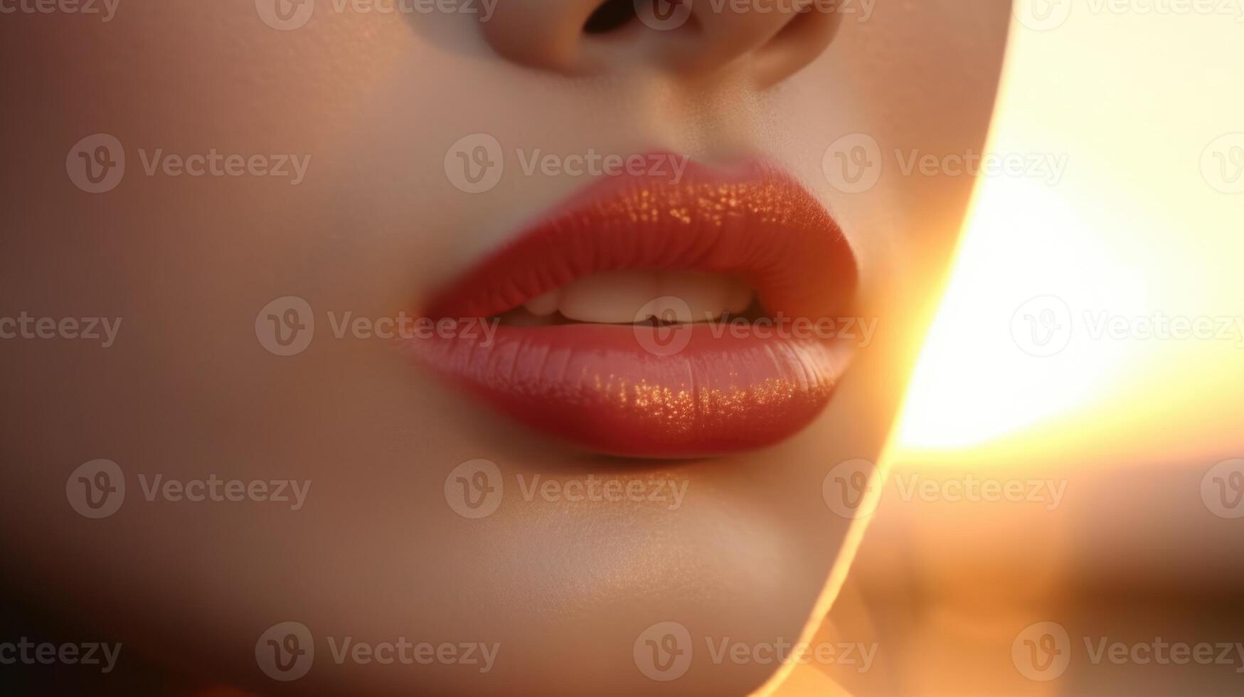 ai généré proche en haut portrait de une femme rouge lèvres peau se soucier, ai photo