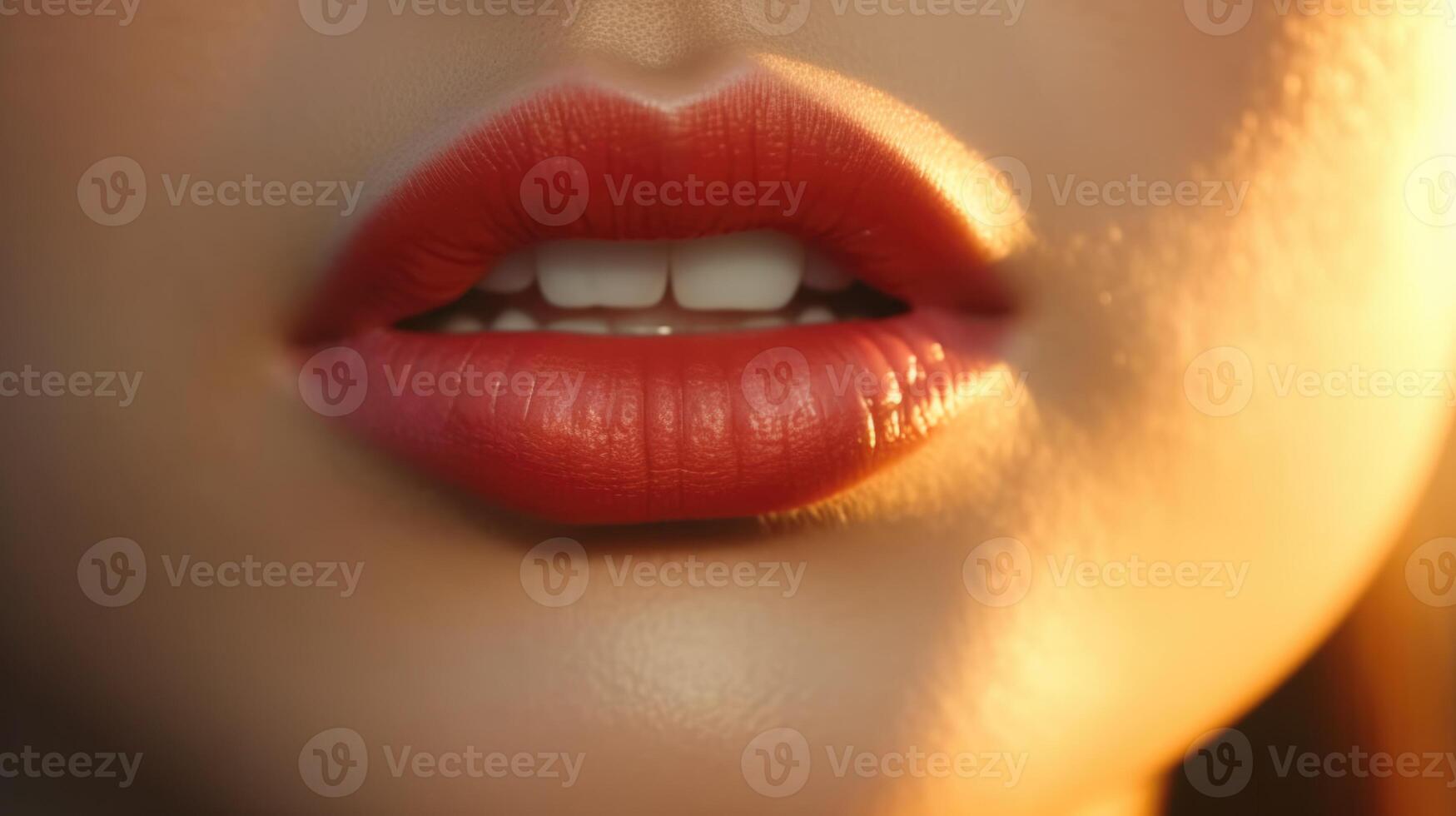 ai généré proche en haut portrait de une femme rouge lèvres peau se soucier, ai photo