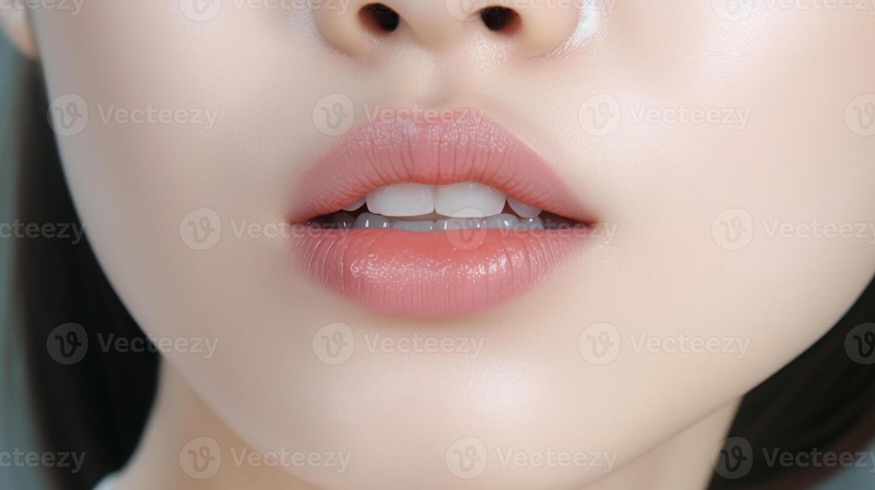 ai généré proche en haut portrait de une femme lèvres peau se soucier, ai photo