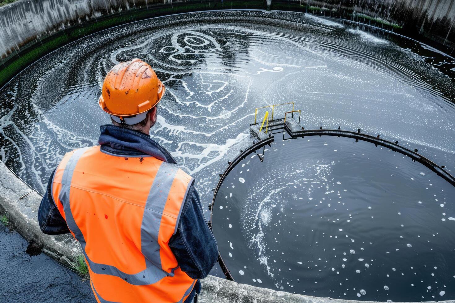 ai généré ouvrier en dessous de vérification Eaux usées traitement étang industrie grand à contrôle l'eau soutien industrie photo