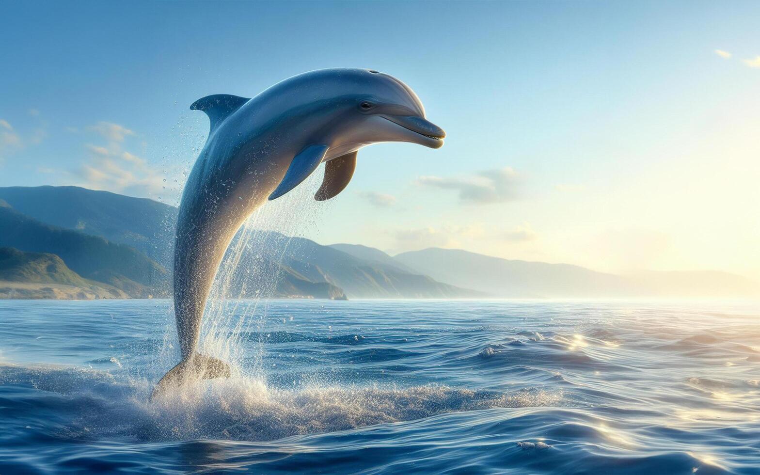 ai généré dauphins saut en dehors de le l'eau. mer surface. poisson sauter en dehors de le l'eau. océan mer surface photo