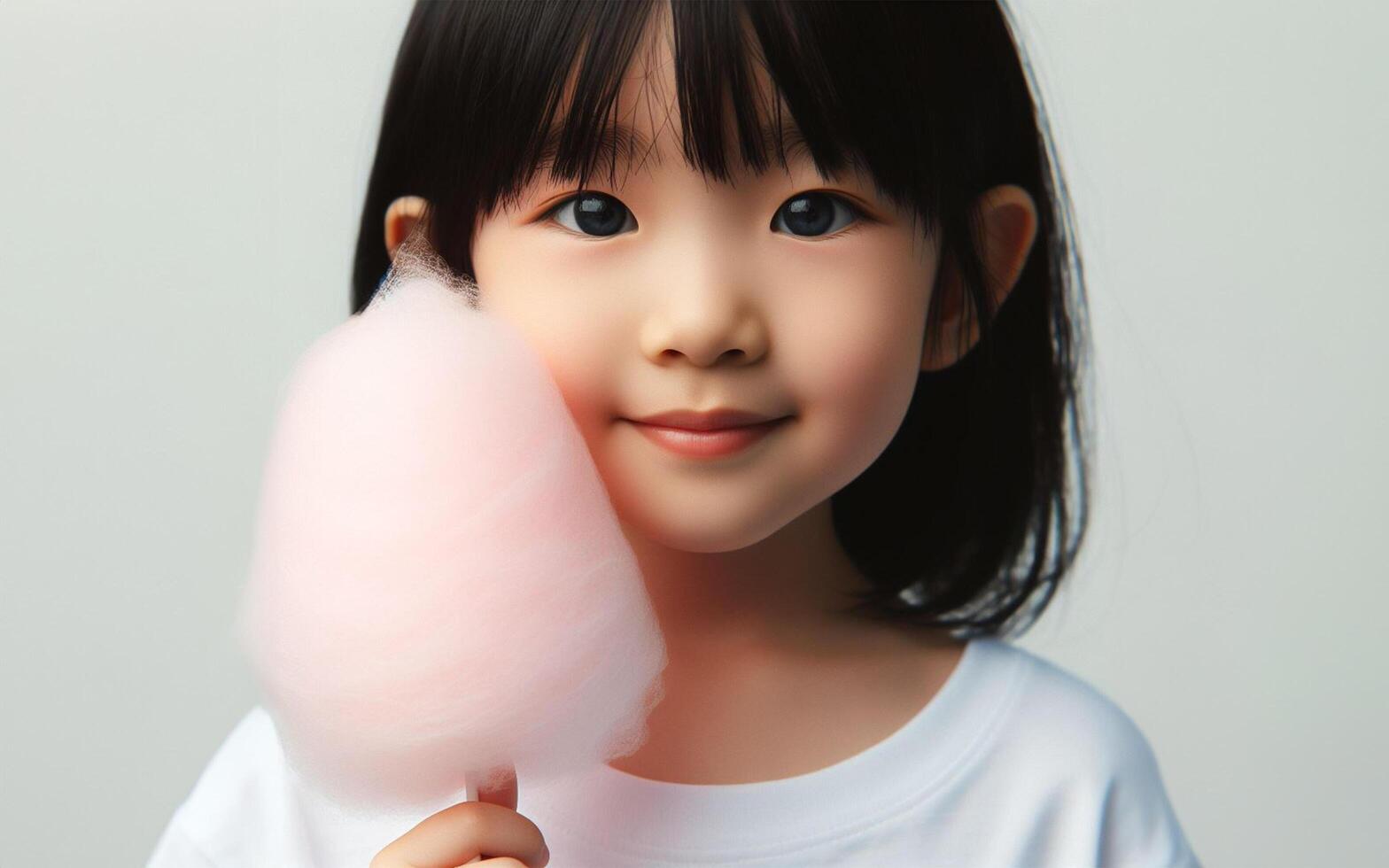 ai généré fille en portant coton bonbons souriant affronter, blanc Contexte photo